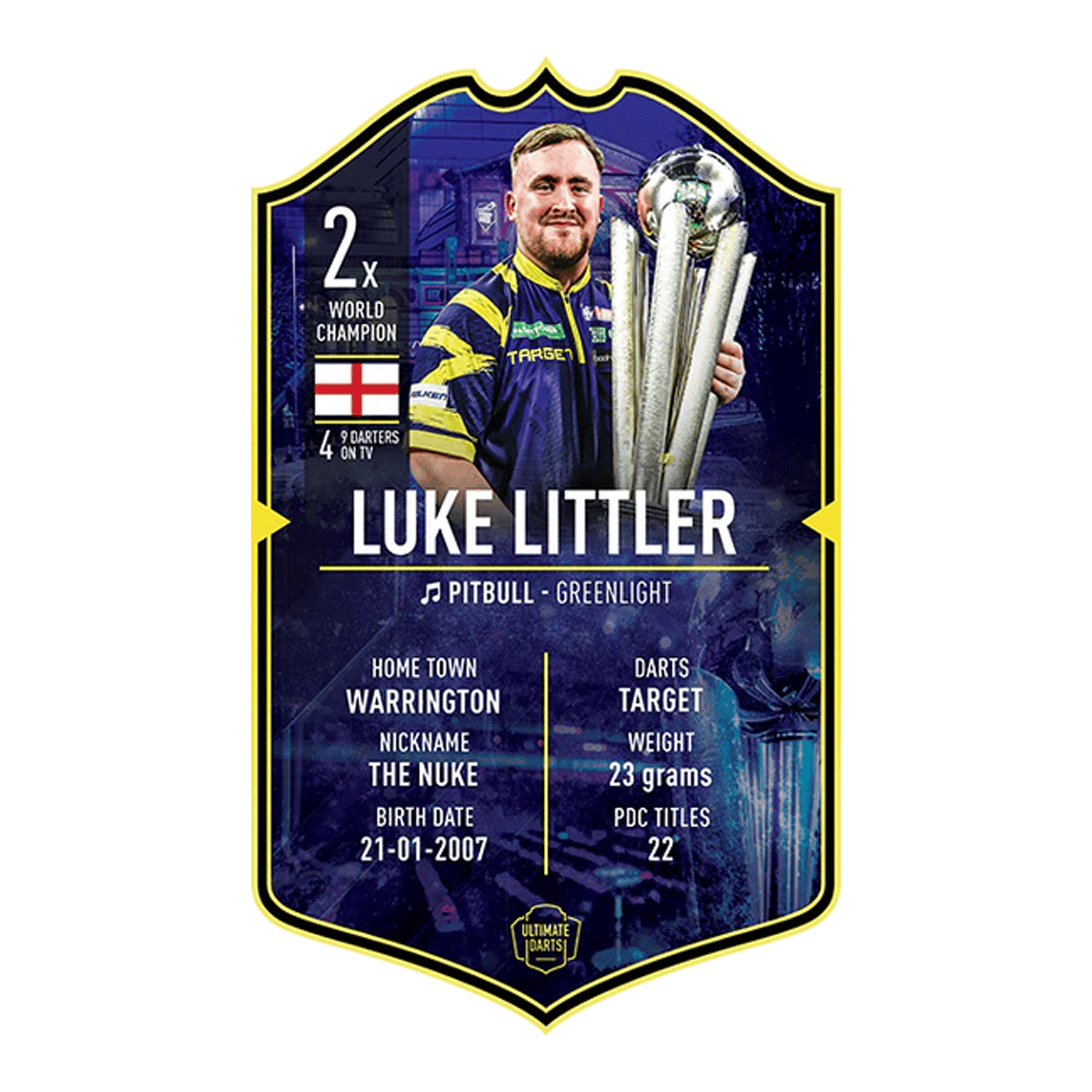 Ultimate Darts Card - Luke Littler, mistr světa 2026 Dies ist die Ultimate Darts Card – Luke Littler World Champion 2026. Zu sehen ist die Sammelkarte von Luke Littler als Weltmeister.