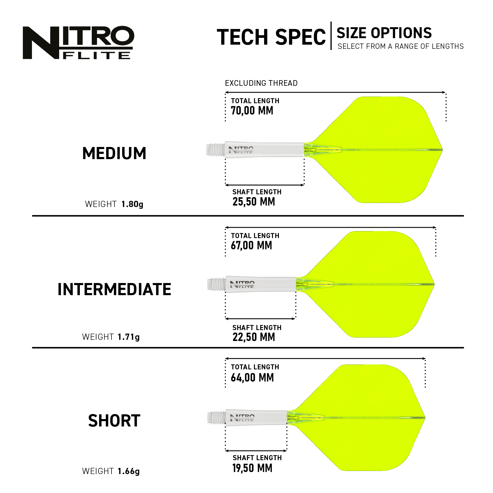Red Dragon Nitroplite - Bílá šachta Žlutá č. 2 letky Das Bild zeigt die Produktvarianten "Red Dragon Nitroflite - White Shaft Yellow No2 Flights" in drei verschiedenen Längen: Medium, Intermediate und Short. Für jede Variante sind die Gesamtlänge, die Schaftlänge und das Gewicht angegeben.