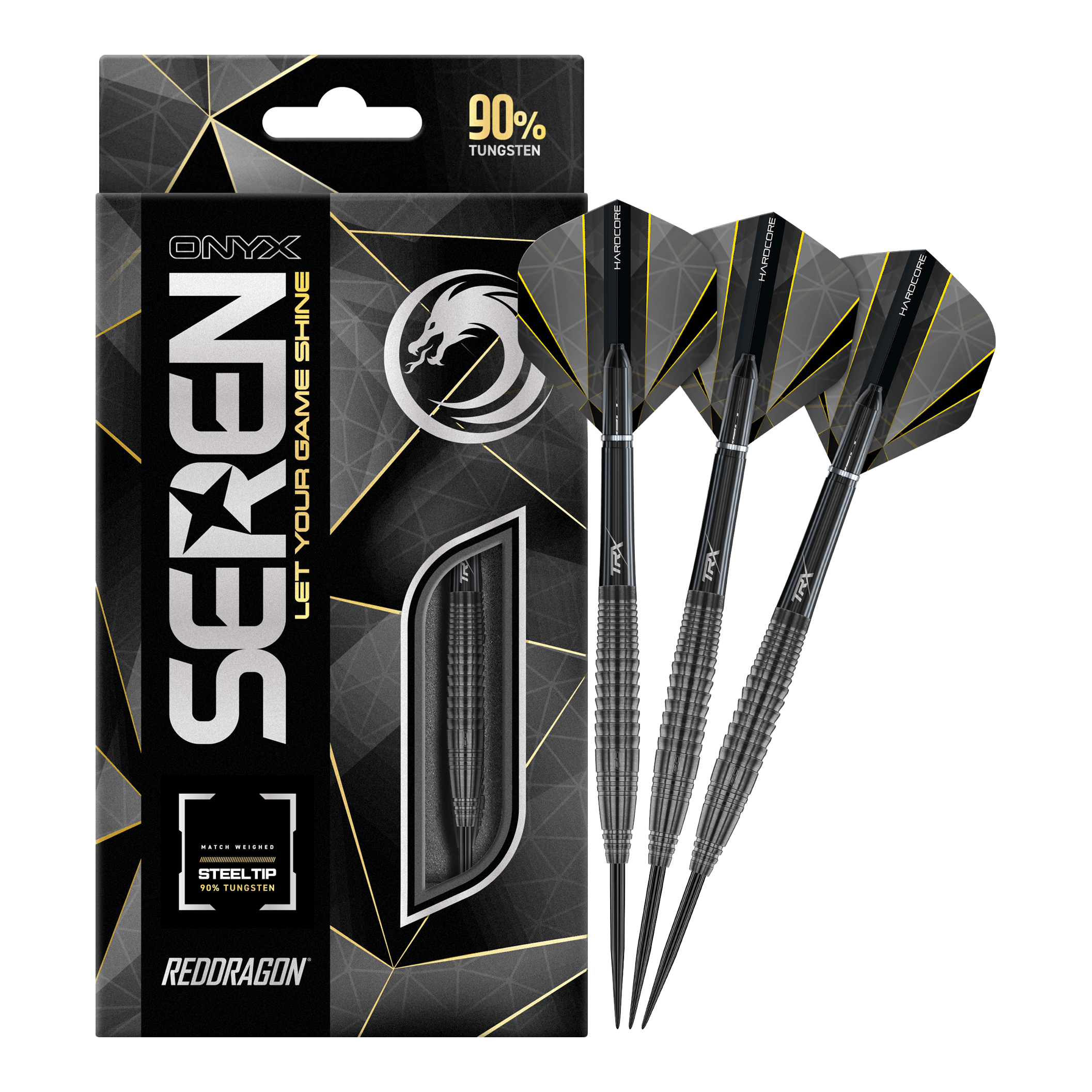 Ocelové šipky Red Dragon Seren 4 Onyx Das Bild zeigt die Verpackung und drei Steeldarts des Produkts "Red Dragon Seren 4 Onyx". Die Darts bestehen zu 90% aus Wolfram und haben ein modernes, schwarzes Design.