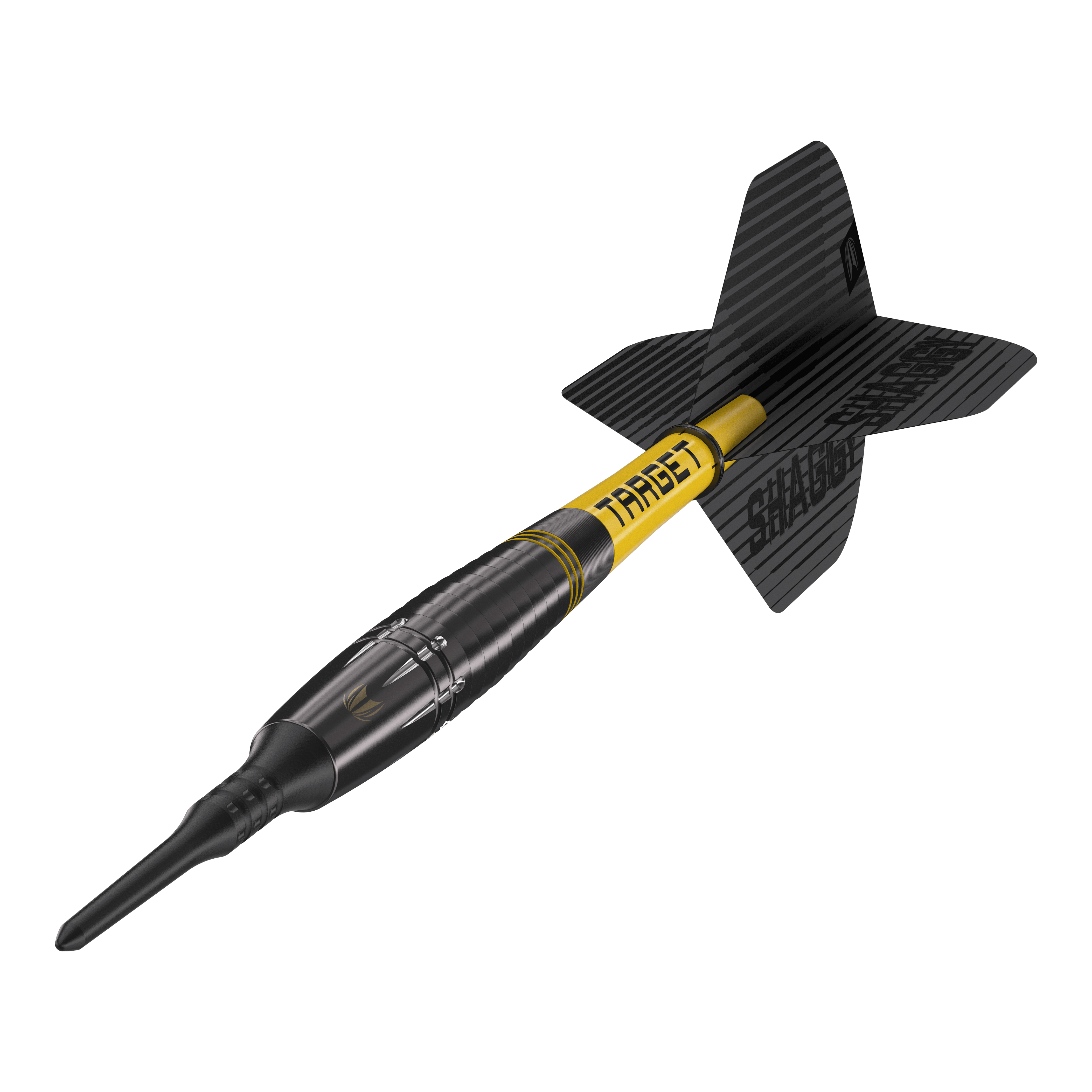 Šipky Target Scott Williams Shaggy Black Soft - 20g Das Bild zeigt einen schwarzen Softdart mit gelbem Schriftzug „TARGET“ und der Aufschrift „SHAGGY“ auf der Flight. Es handelt sich um das Produkt „Target Scott Williams Shaggy Black Softdarts – 20g“.