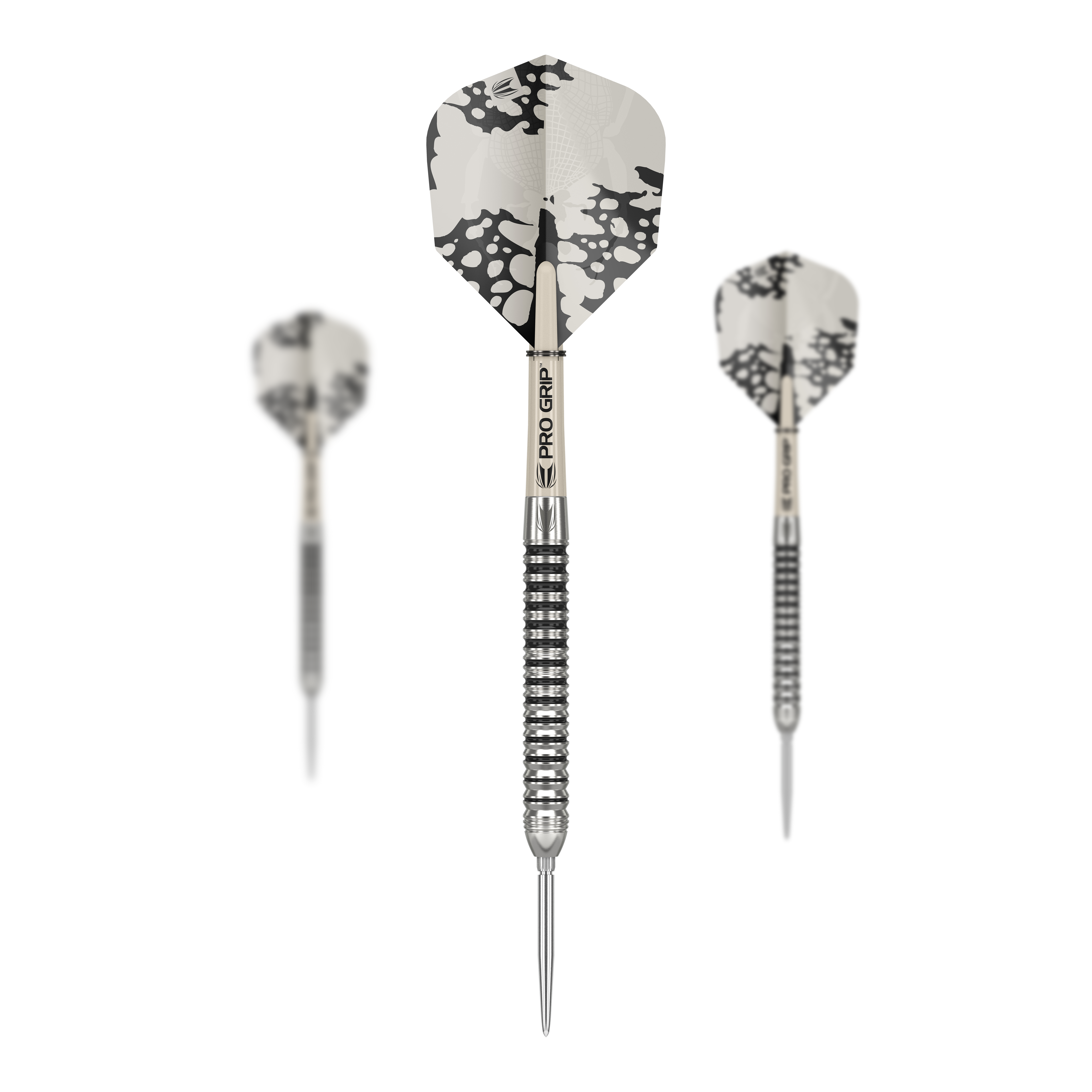 Ocelové šipky Target EXO SP01 Swiss Point Das Bild zeigt die Target EXO SP01 Swiss Point Steeldarts mit schwarz-silbernem Design. Drei Darts mit strukturierten Griffen und auffälligen Flights sind zu sehen.