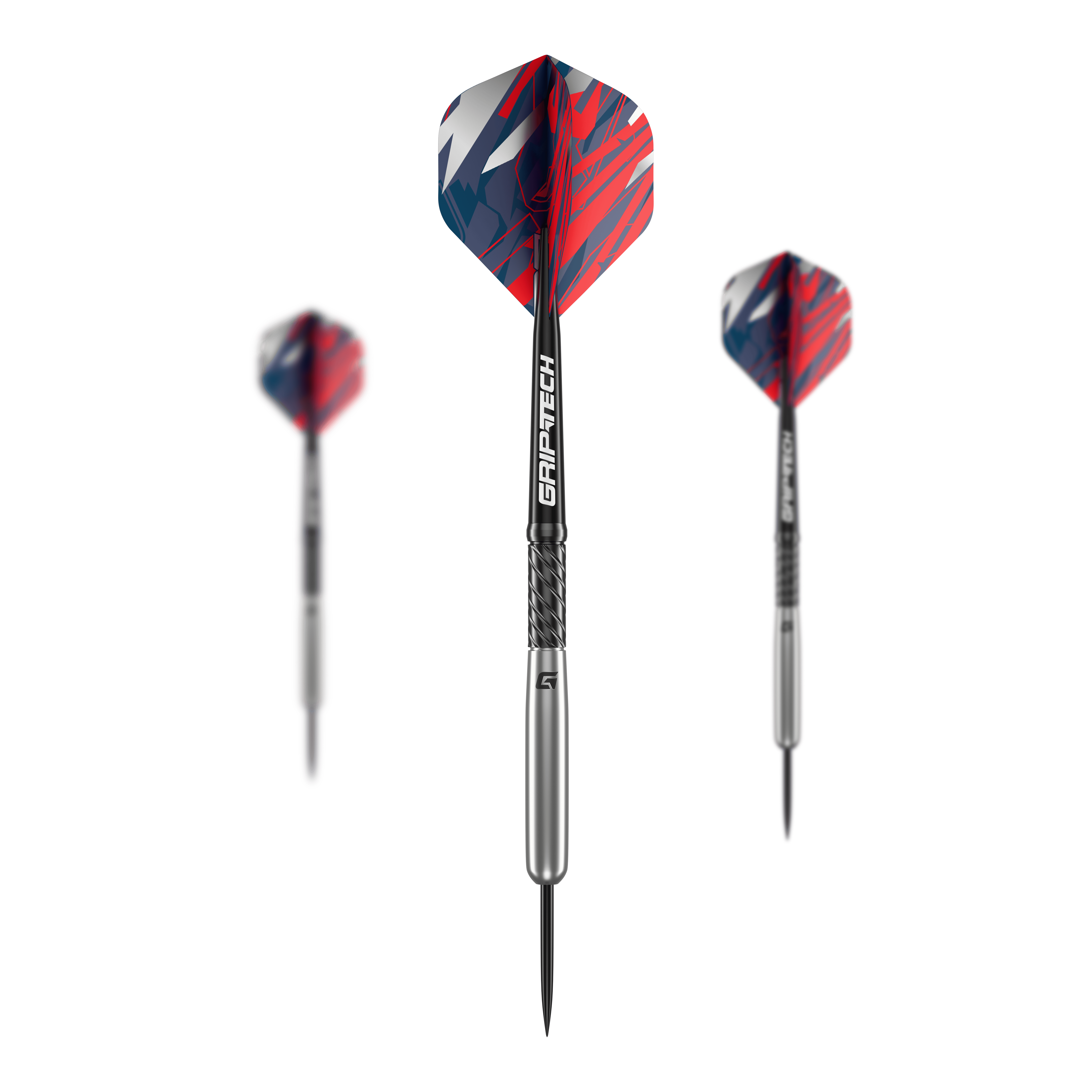 Šipky GOAT Homerun Baseball Tungsten Steel Das Bild zeigt drei GOAT Homerun Baseball Tungsten Steeldarts mit silbernem Schaft und bunten, rot-blauen Flights. Die Darts sind modern gestaltet und heben sich durch das auffällige Design ab.