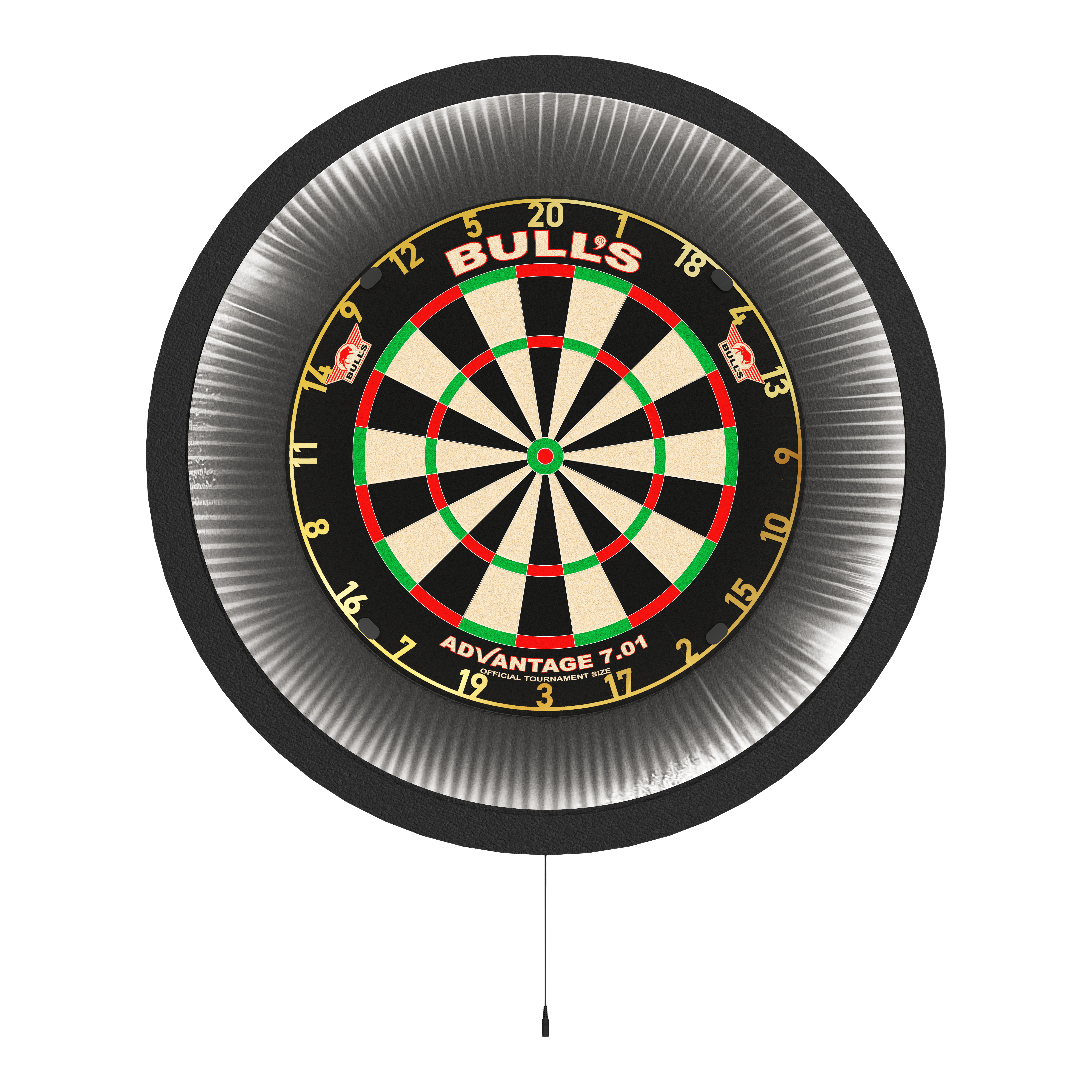 Auf dem Bild ist ein Dartboard mit einer umlaufenden LED-Beleuchtung zu sehen. Das Produkt nennt sich "Bulls NL Lumo XL Surround Beleuchtungssystem".