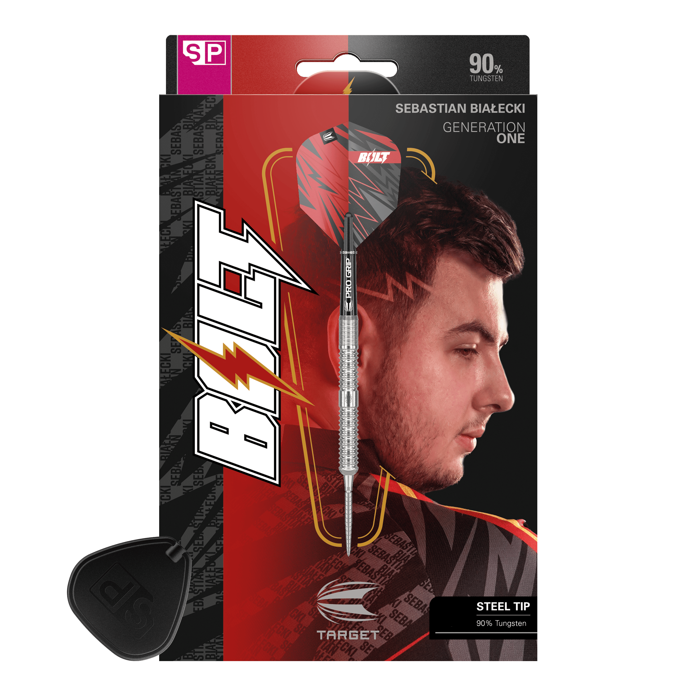 Šipky Target Sebastian Bialecki GEN1 Swiss Point Steeldarts - 22g Das Bild zeigt die Verpackung der "Target Sebastian Bialecki GEN1 Swiss Point Steeldarts - 22g". Auf der Verpackung ist ein Dartpfeil sowie das Porträt eines Mannes zu sehen.