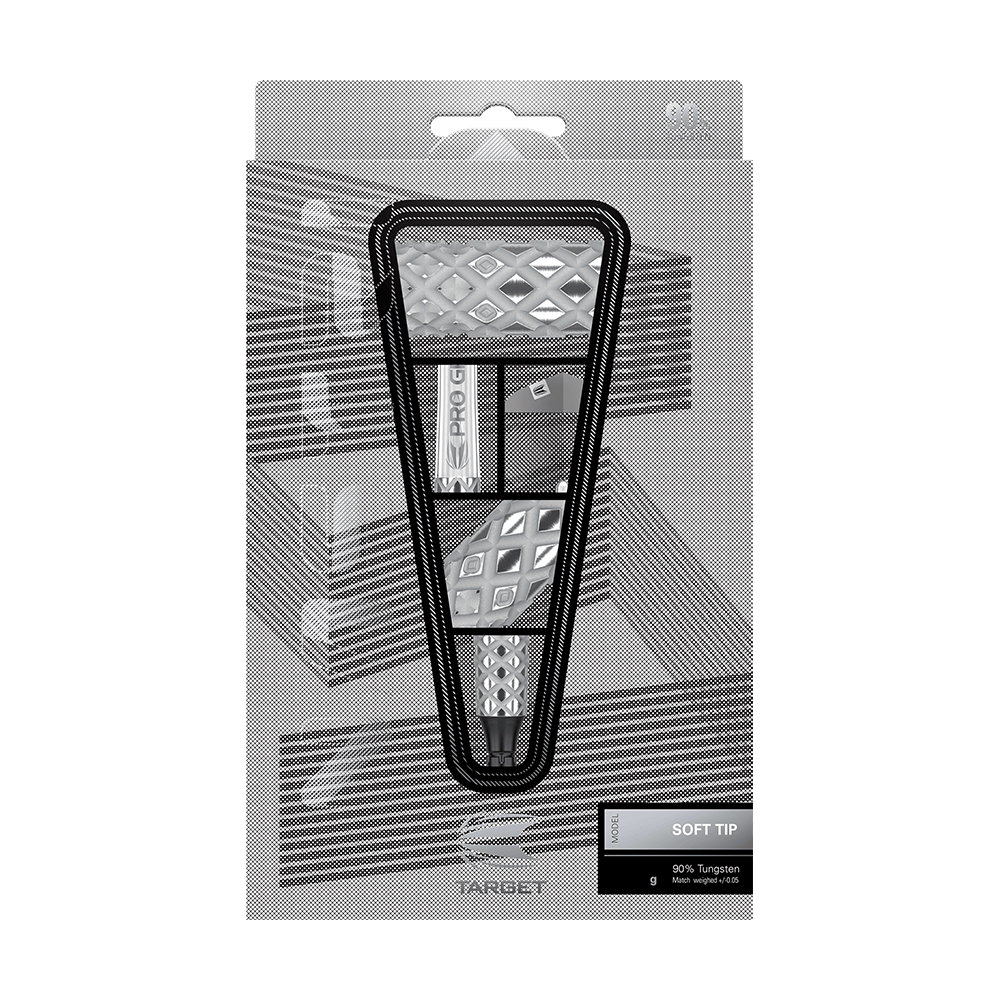 210134_Target_Nastri_10_Softdarts_3 Das Bild zeigt die Target Nastri 10 Softdarts in ihrer Verpackung. Die Darts haben ein modernes, silbernes Design und sind für elektronische Dartboards geeignet.
