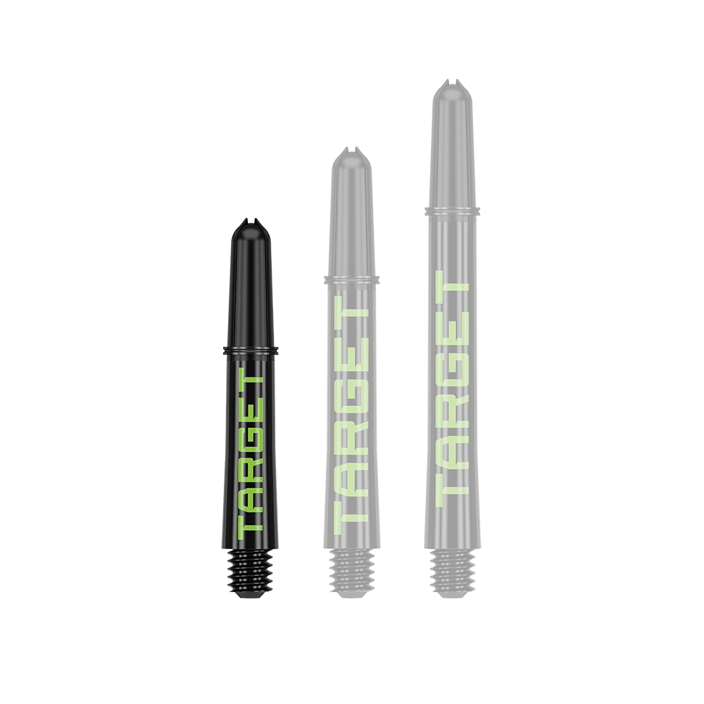 Target Pro Grip TAG Shafts - 3 sady - černo-zelené Das Bild zeigt drei schwarze Dart-Schäfte in verschiedenen Längen mit grünem Schriftzug "TARGET". Sie sind nebeneinander auf weißem Hintergrund angeordnet.