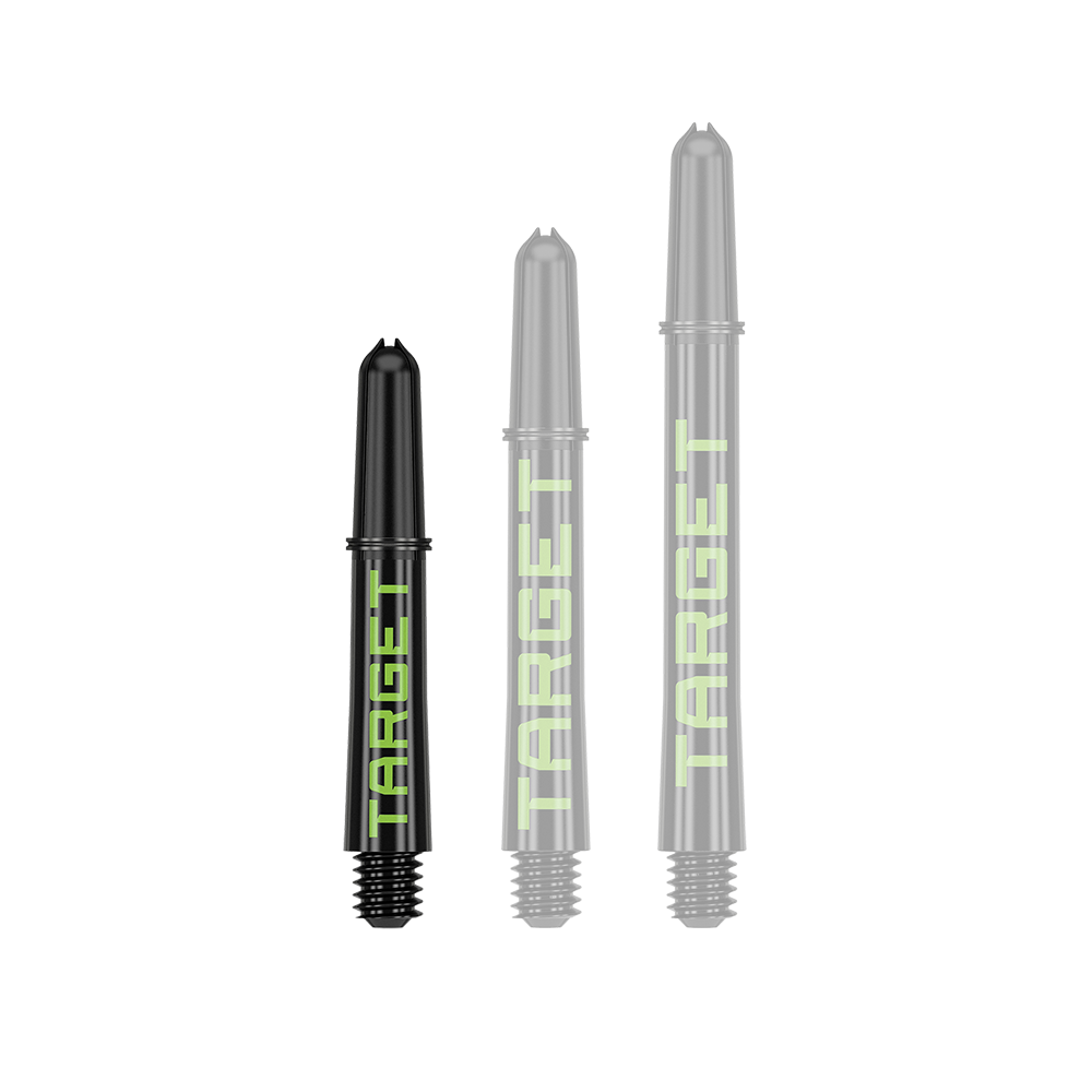 Target Pro Grip TAG Shafts - 3 sady - černo-zelené Ein Dart-Schaft in schwarzer Grundfarbe wird einzeln abgebildet. Die Akzentfarbe hebt das Produkt hervor.