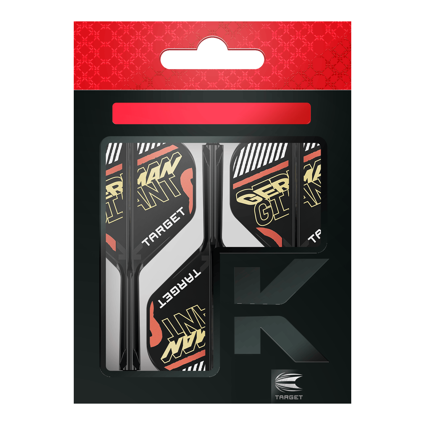 Systém standardní letové hřídele Target K-Flex Gabriel Clemens No2 Auf dem Bild ist eine Verpackung mit Dart-Flights und Schäften der Marke Target zu sehen. Auf den Flights steht in gelber Schrift "GERMAN GIANT".