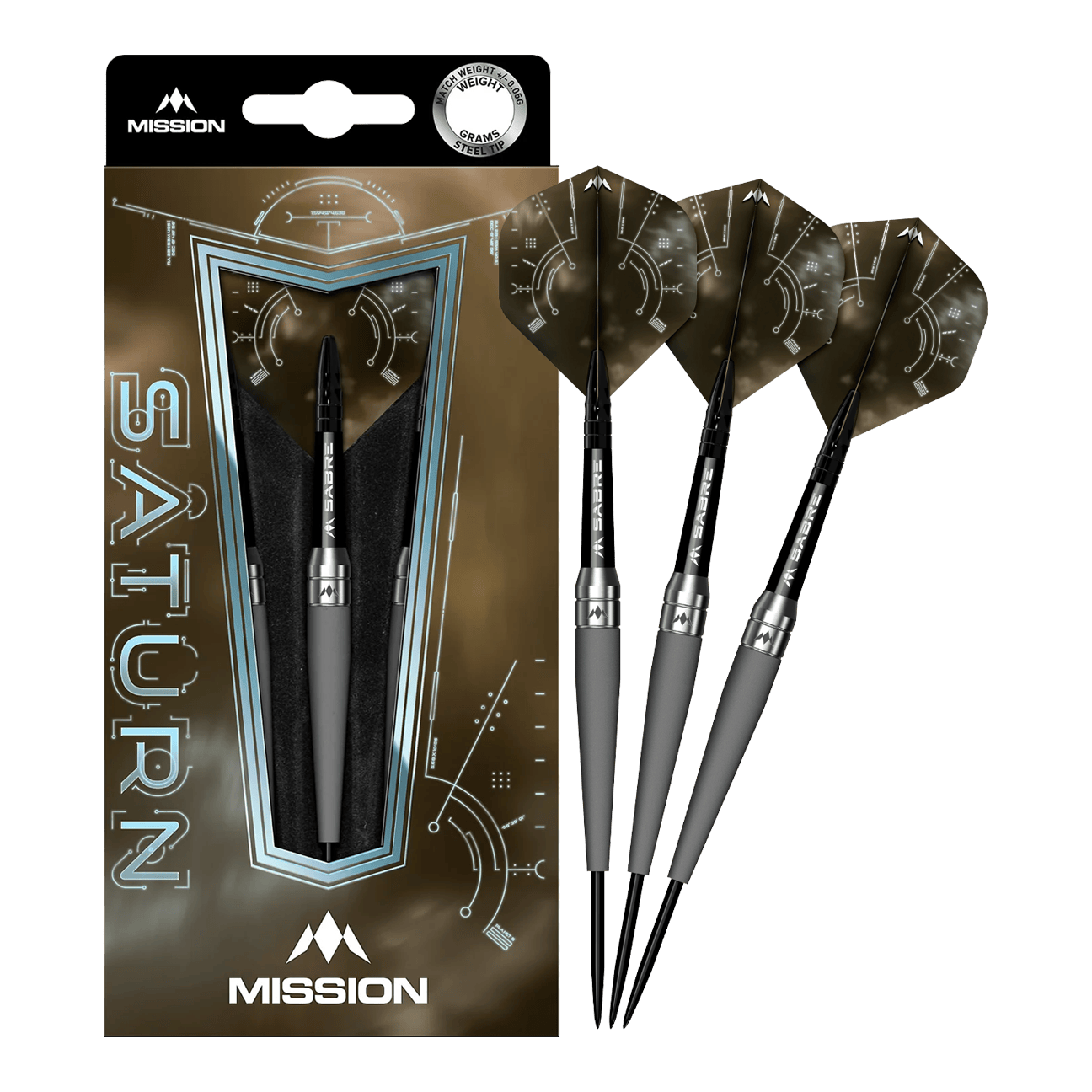 Ocelové šipky Mission Saturn Titan Das Bild zeigt das Produkt "Mission Saturn Titan Steeldarts" in seiner Verpackung. Neben der Verpackung sind drei Steeldarts mit dunklen Flights zu sehen.