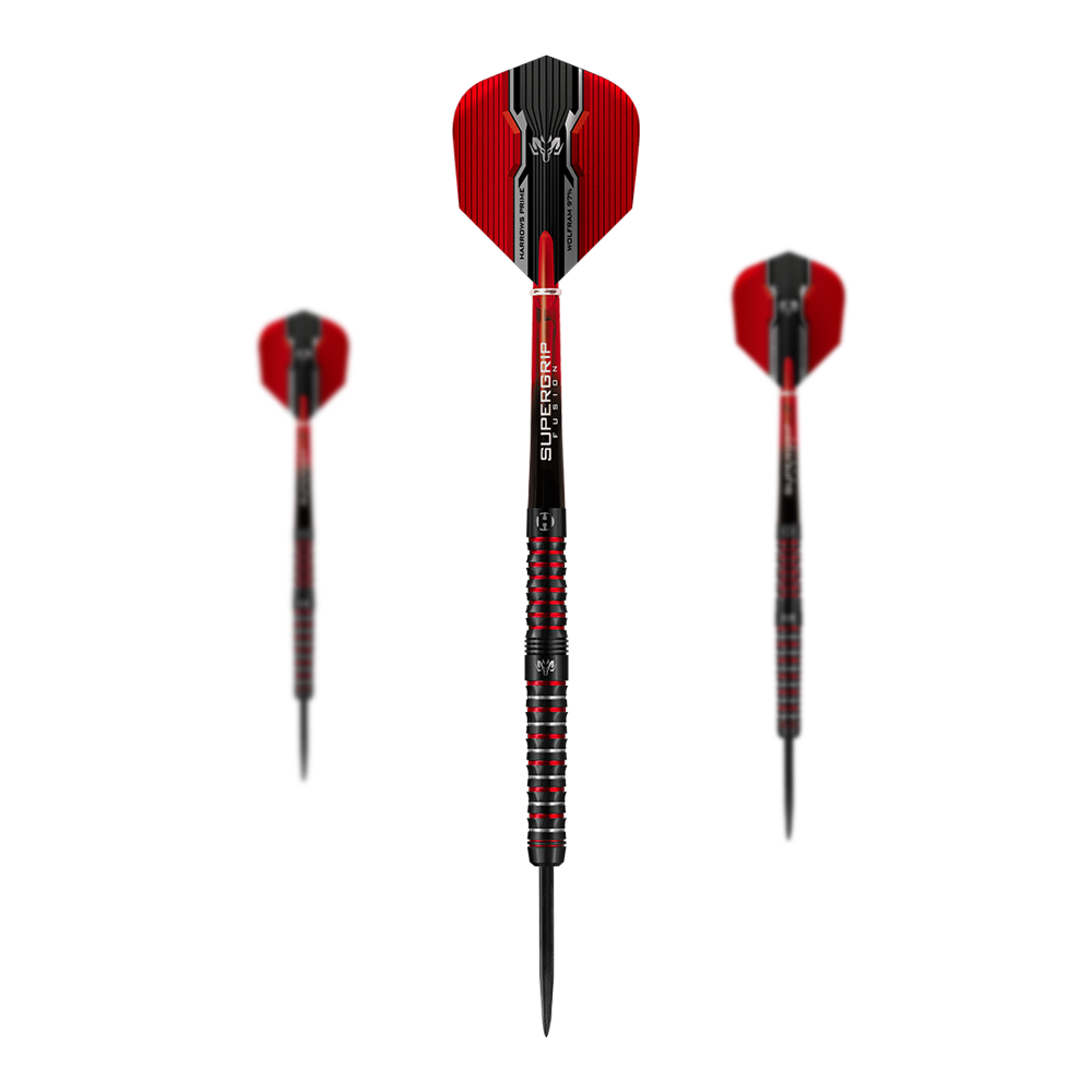 Harrows Tungsten Infinity 97% Tungsten Steel Šipky Das Bild zeigt drei Harrows Wolfram Infinity 97% Tungsten Steeldarts mit roten und schwarzen Details. Die Darts haben einen metallisch gestreiften Griff und rote Flights.