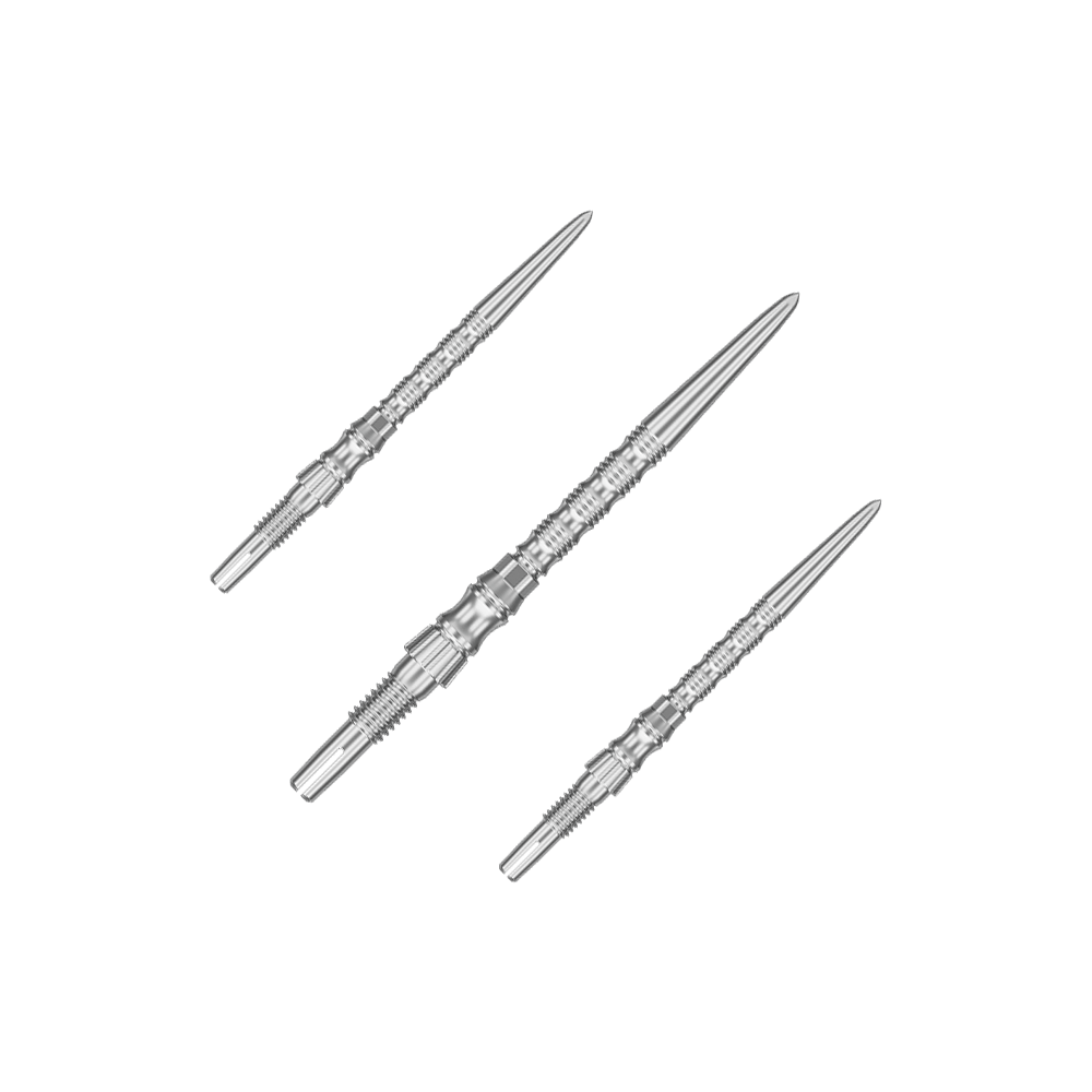 Mehrere silberne Dartspitzen sind nebeneinander zu sehen. Es handelt sich um ein Set der 'Target SwissPoint Signature TRB' Dartspitzen mit 30 mm Länge.