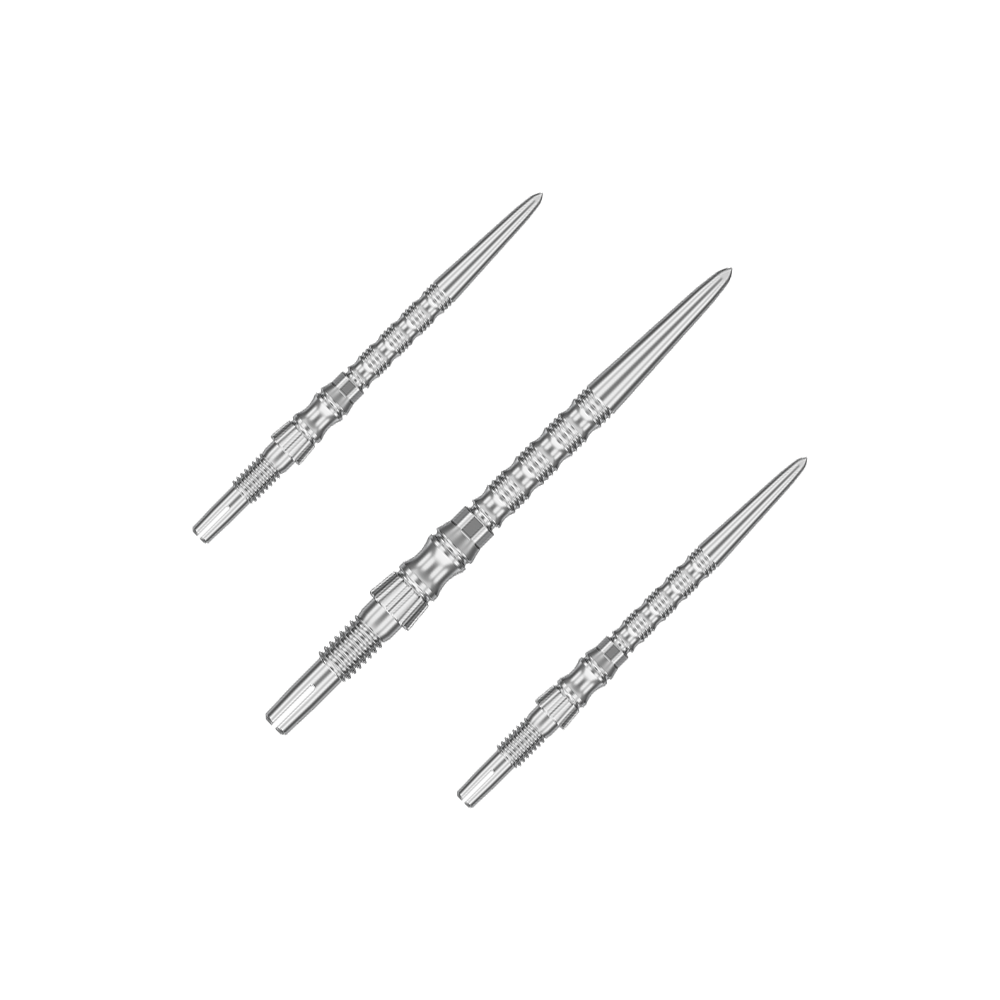 Ocelové hroty na šipky Target Signature Swiss Point TRB - stříbrné Mehrere silberne Dartspitzen sind nebeneinander zu sehen. Es handelt sich um ein Set der 'Target SwissPoint Signature TRB' Dartspitzen mit 30 mm Länge.