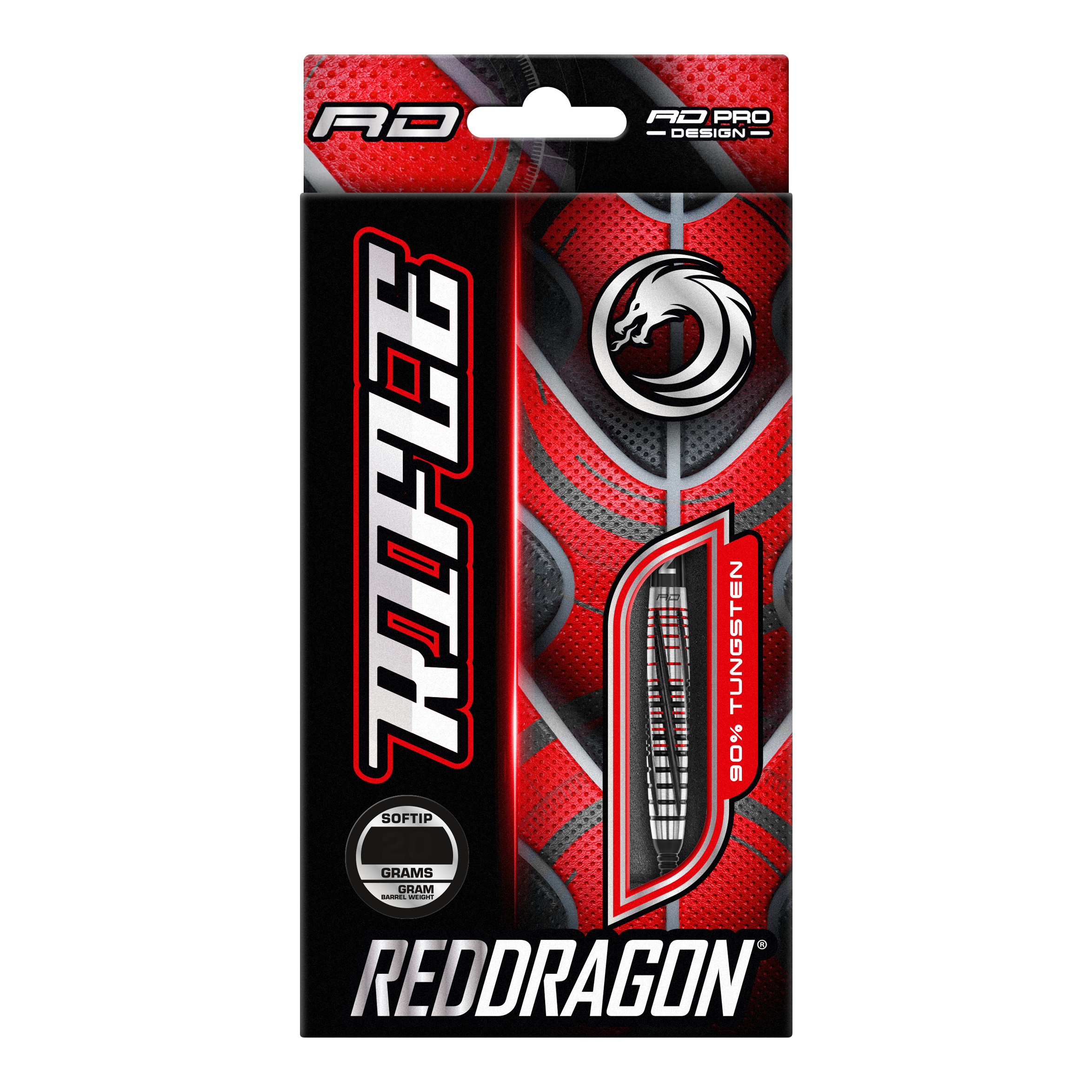 Měkké šipky Red Dragon Rifle - 20g Die Abbildung zeigt die Verpackung der "Red Dragon Rifle Softdarts - 20g". Das Design ist auffällig in Rot und Schwarz gehalten und zeigt eine Abbildung eines Dartpfeils.