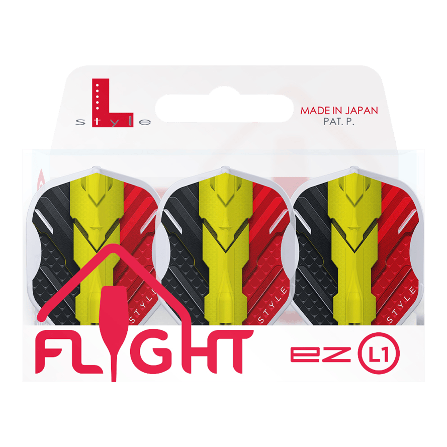 Letky L-Style V Series V1 Type C Belgium Clear White L1EZ Das Bild zeigt eine Packung mit drei L-Style V-Series V1 Type C Belgium Clear White L1EZ Flights. Die Flights sind in den Farben Schwarz, Gelb und Rot gestaltet und werden in einer Verpackung mit der Aufschrift "Made in Japan" präsentiert.