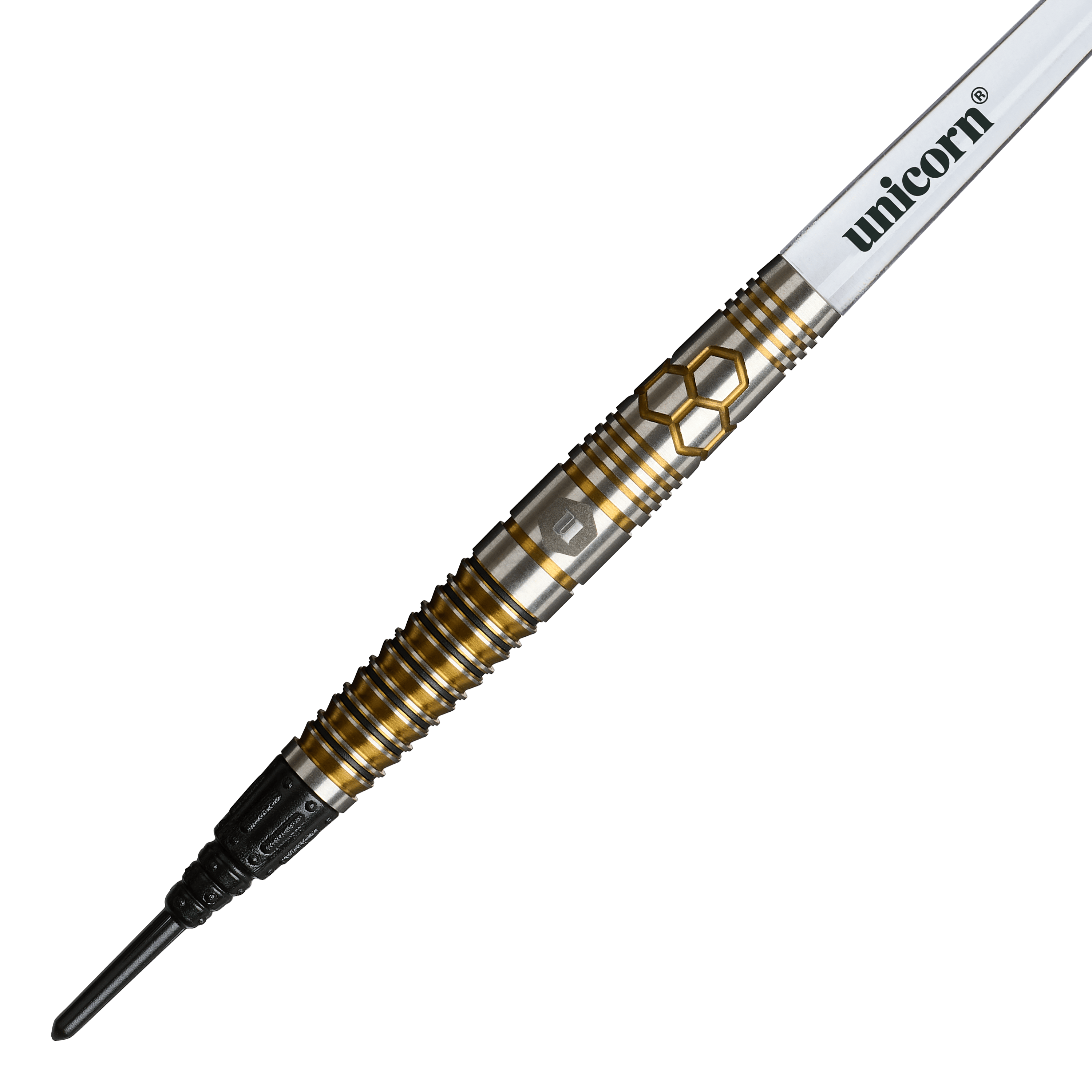 Měkké šipky Unicorn Hexium Style 03 zlaté a černé - 23g Das Foto zeigt Unicorn Hexium Style 03 Gold & Black Softdarts, 23g. Die Darts haben ein modernes Muster in Gold und Schwarz.