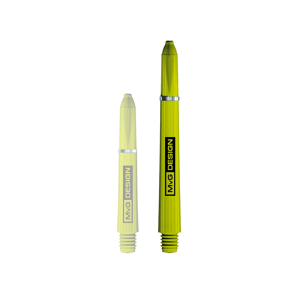 Das Bild zeigt zwei Winmau Nylon Ring Grip MvG Design Shafts in leuchtendem Gelb. Beide Shafts haben ein schwarzes „MvG DESIGN“-Logo aufgedruckt.