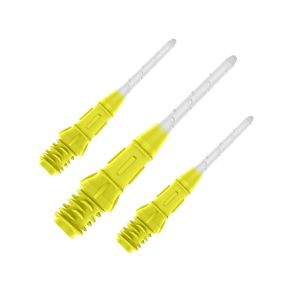 L-Style Premium Two Tone Lippoints (30er Pack) - Schwarz Auf dem Bild sind drei gelb-weiße Dartspitzen zu sehen. Sie sind nebeneinander angeordnet und wirken modern sowie hochwertig verarbeitet.