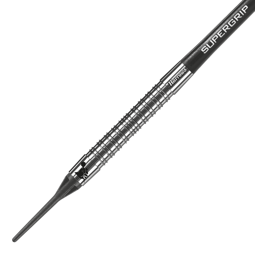 HA11810-Harrows-Supergrip-90-Softdarts-2 Das Bild zeigt einen Harrows Supergrip 90% Softdart. Der Dartpfeil hat einen silbernen, gerillten Schaft und eine schwarze Spitze.