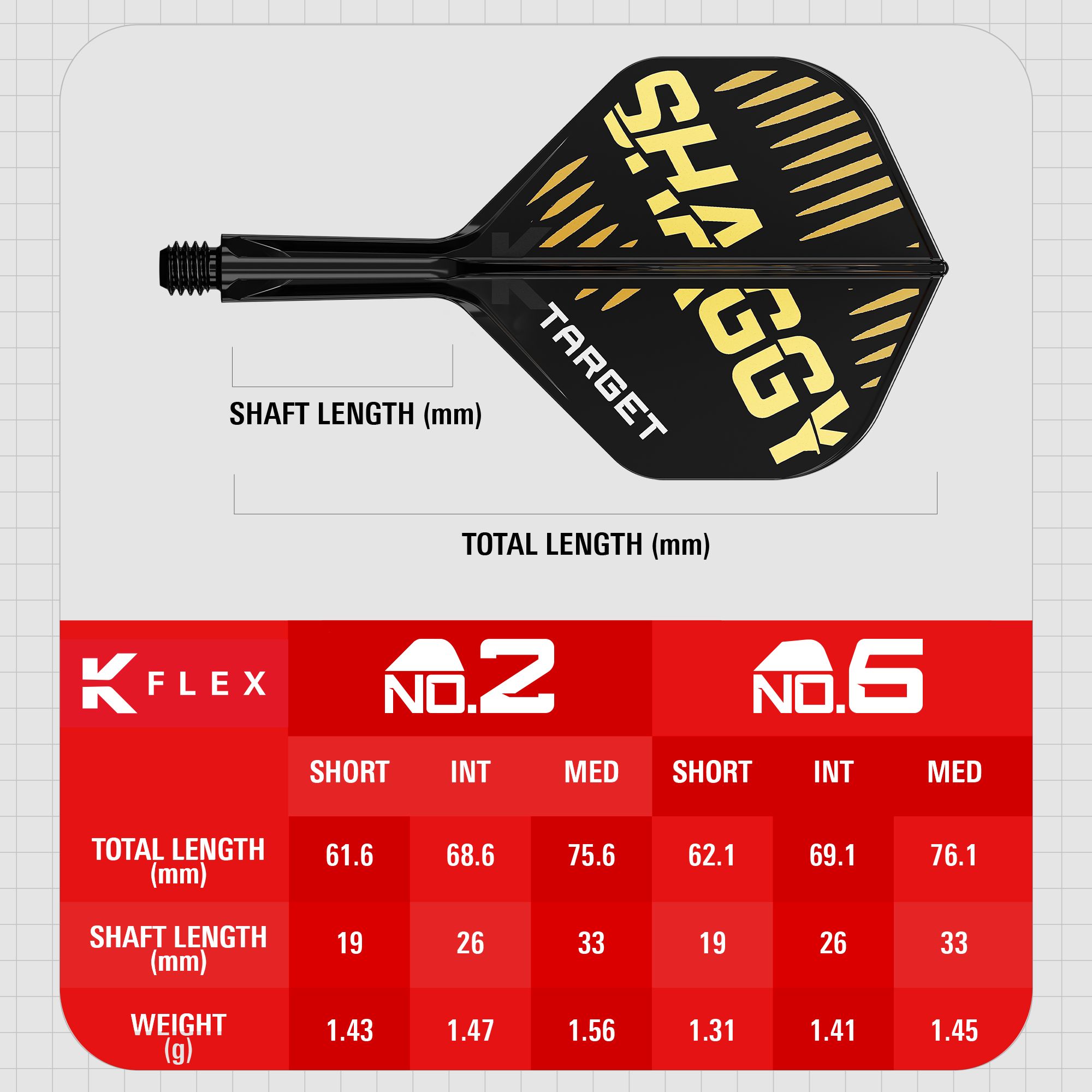 Das Bild zeigt das Produkt "Target K-Flex Scott Williams No2 Standard Flights" mit einem schwarzen und goldenen Design. Unten sind die Maße für verschiedene Längen und Gewichte der Flights in einer Tabelle dargestellt.