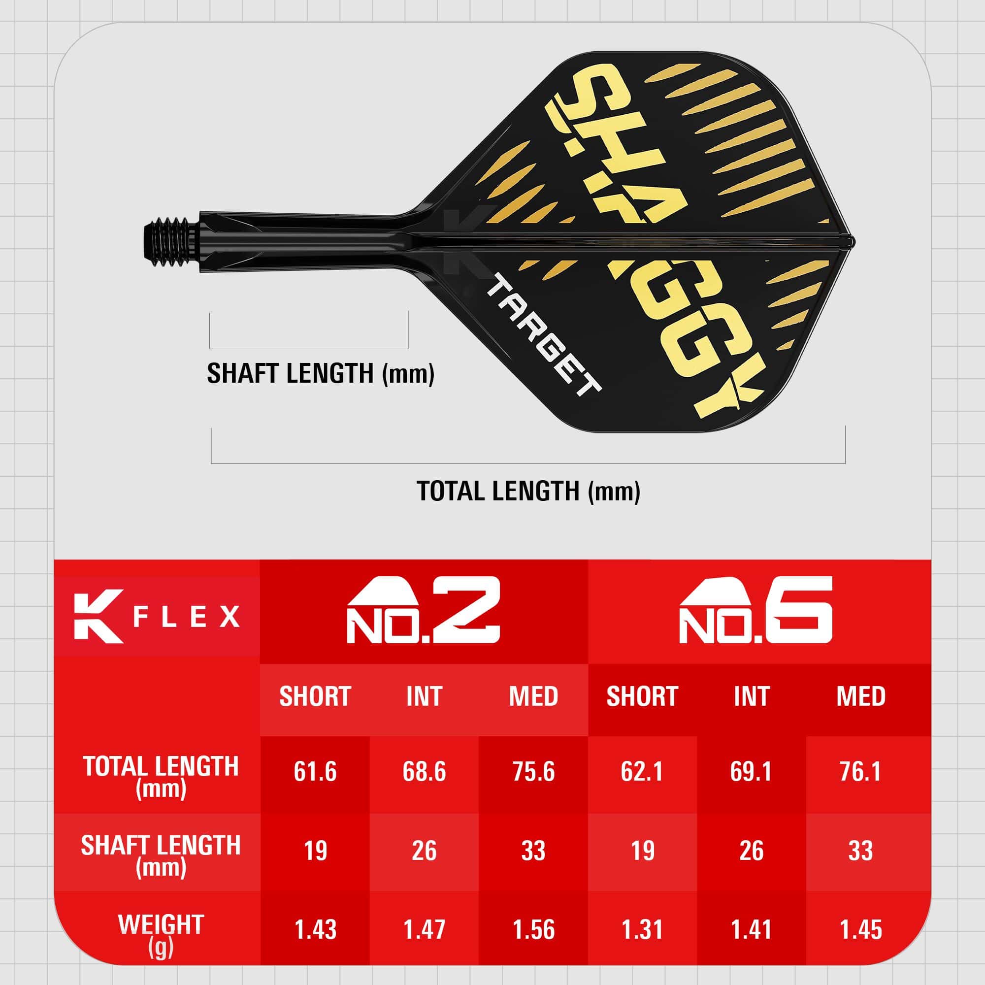 Systém standardních letových hřídelí Target K-Flex Scott Williams No2 Das Bild zeigt das Produkt "Target K-Flex Scott Williams No2 Standard Flights" mit einem schwarzen und goldenen Design. Unten sind die Maße für verschiedene Längen und Gewichte der Flights in einer Tabelle dargestellt.
