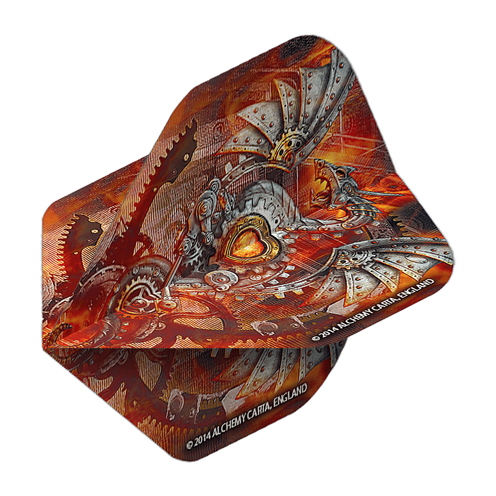 Standardní lety Alchemy Tech Dragon No2 Das Bild zeigt ein Dart-Flight mit einem detailreichen, mechanischen Drachenmotiv in Rot- und Metalltönen. Auf dem Flight steht "2014 ALCHEMY CARTA, ENGLAND" geschrieben.