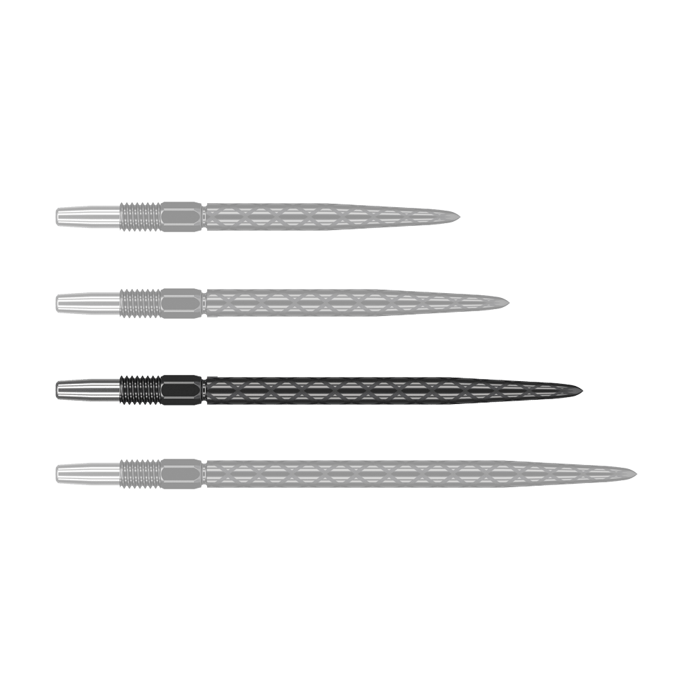 Zaměřte hroty šipek Swiss Diamond Pro Black Points Das Bild zeigt vier schwarze Dartspitzen mit einem rautenförmigen Muster. Sie sind nebeneinander auf weißem Hintergrund angeordnet.