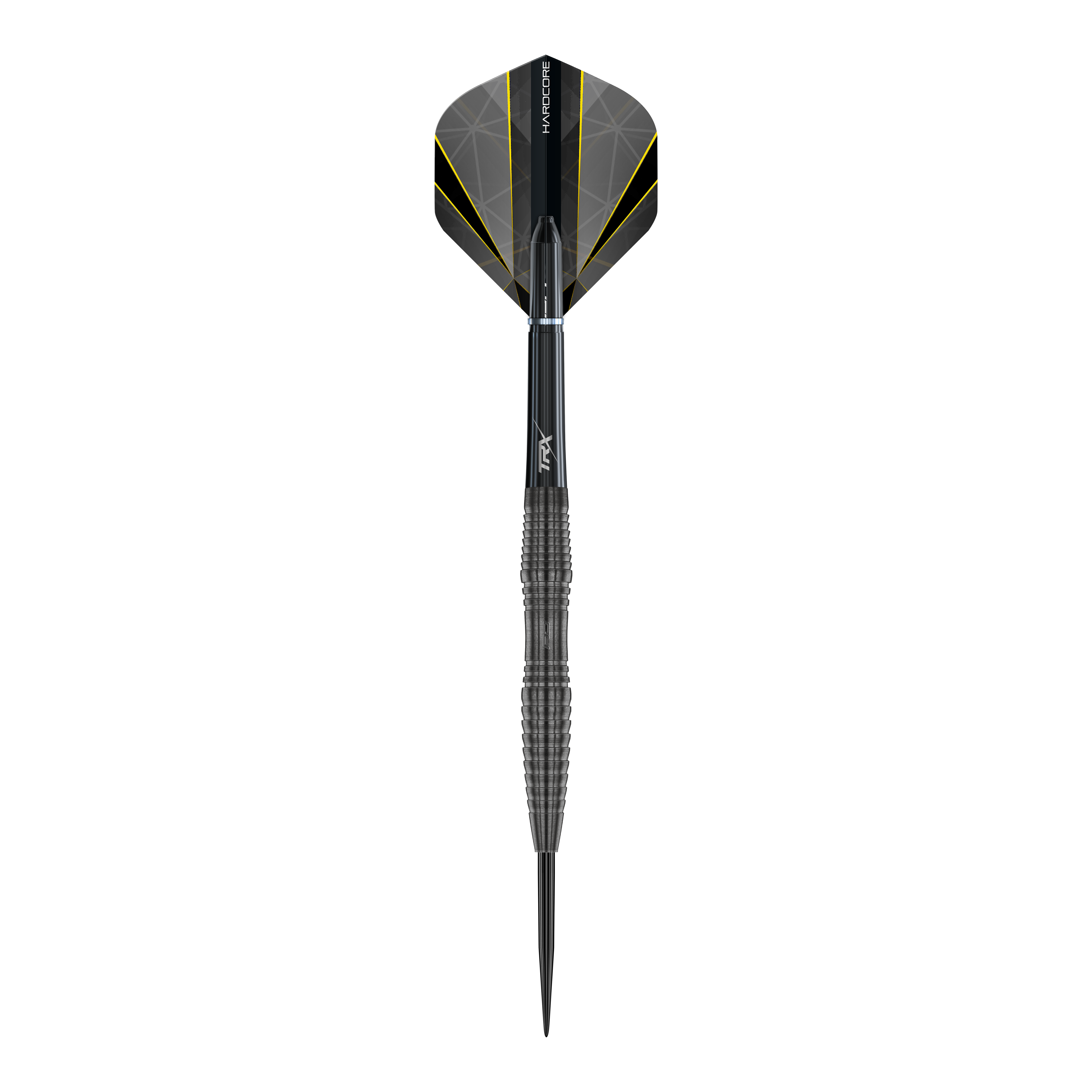 Ocelové šipky Red Dragon Seren 3 Onyx Das Bild zeigt einen einzelnen Steeldart namens "Red Dragon Seren 3 Onyx". Der Dart ist hauptsächlich schwarz mit einem auffälligen Design und gelben Akzenten auf den Flights.