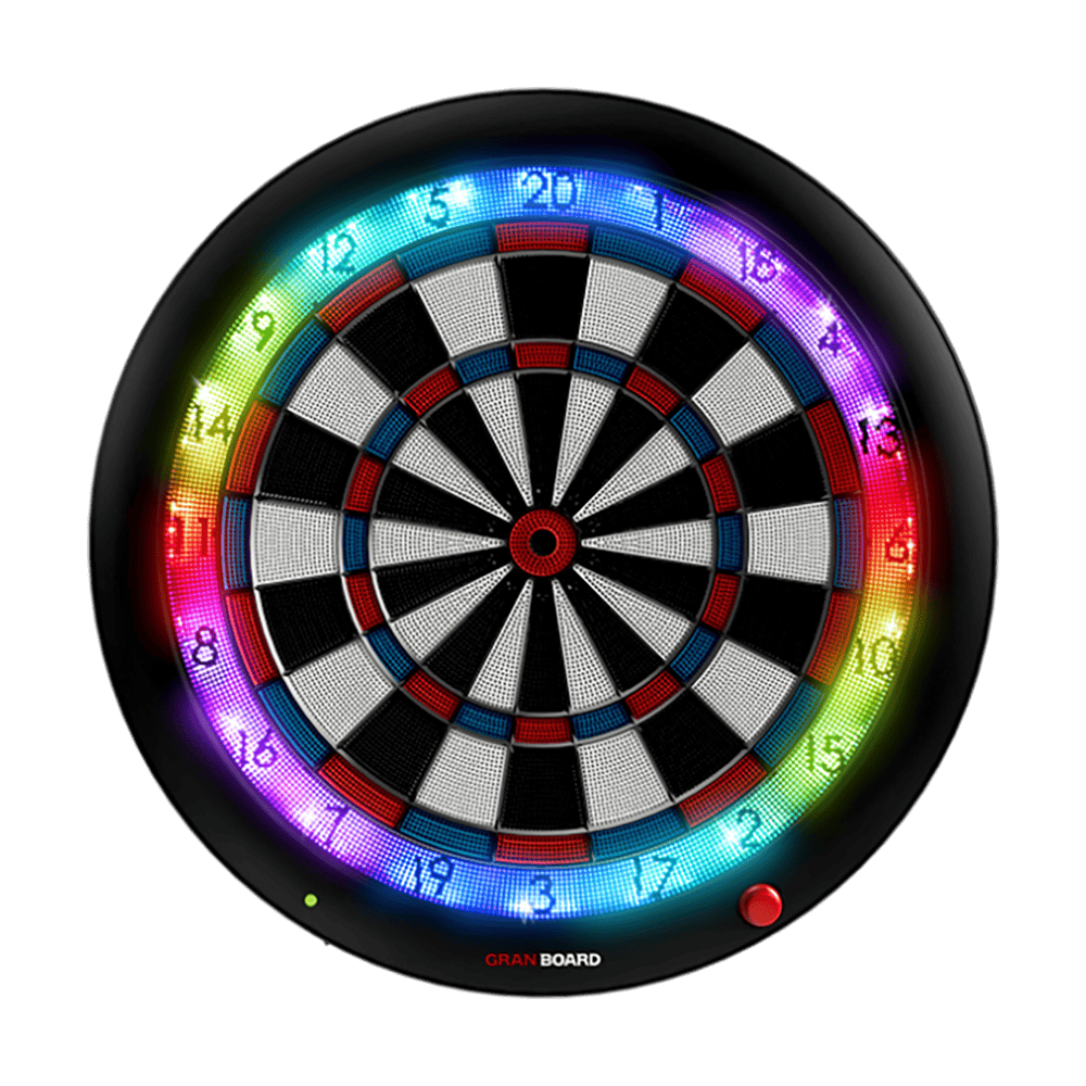 G01260_GranBoard_3S_Blue_LED_Elektronisches_Dartboard_1 Das Bild zeigt das elektronische Dartboard „GranBoard 3S LED“ mit einem leuchtenden LED-Ring. Die Zahlen und Segmente sind deutlich sichtbar und farbenfroh beleuchtet.