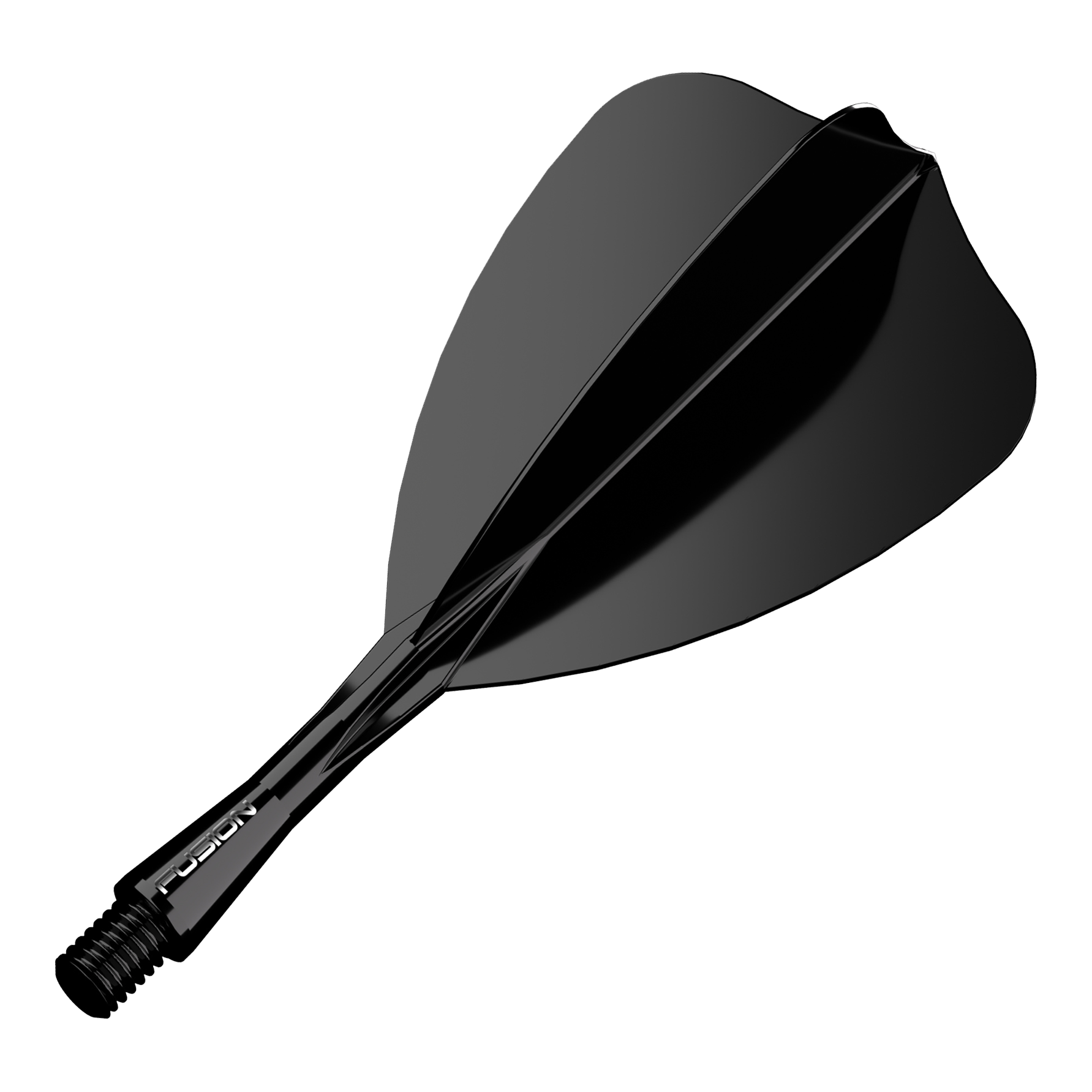 Das Bild zeigt ein schwarzes Dart-Flight-Shaft-System. Es handelt sich um ein schlankes, glänzendes Teil mit der Aufschrift "Fusion" am Schaft.