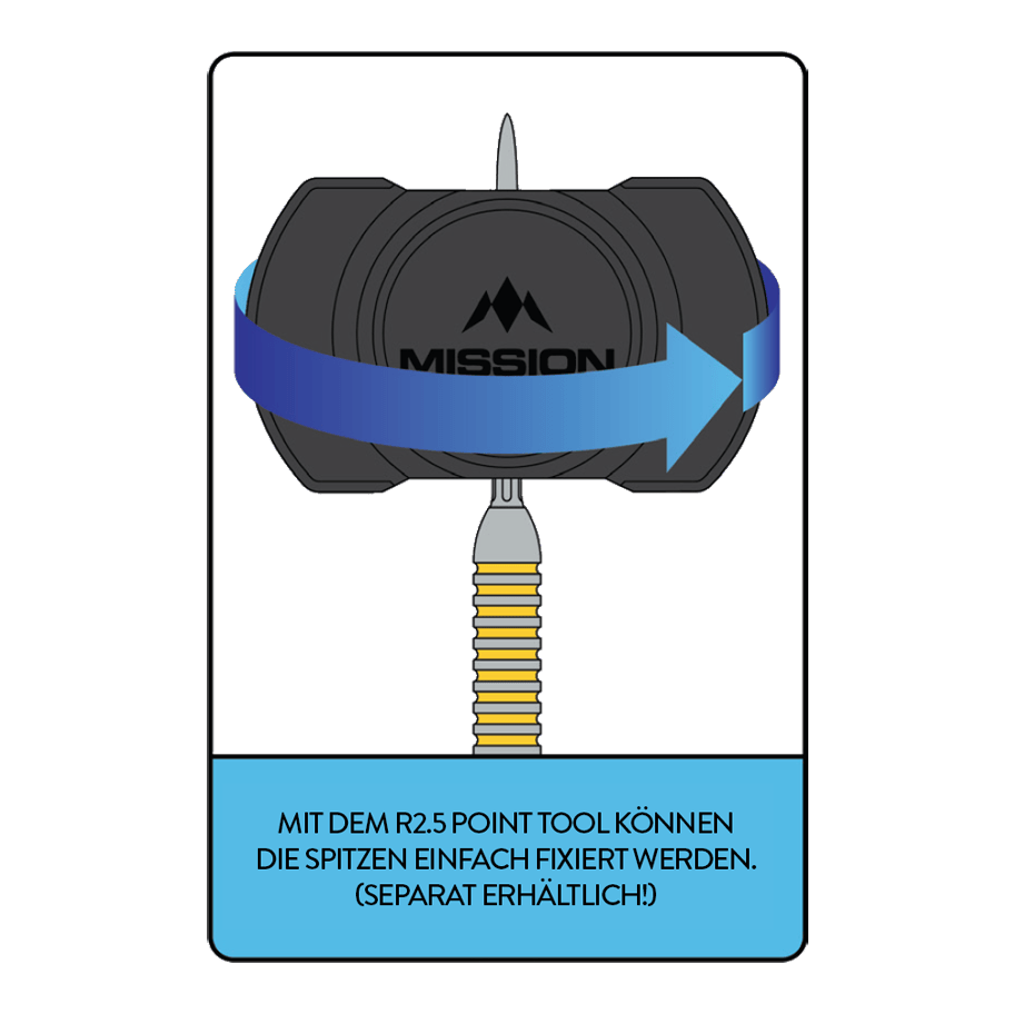 Nástroj pro rychlé bodování Mission R2.5 Hier ist das Mission R2.5 Rapid Point Tool abgebildet. Es unterstützt den Spieler beim Wechseln der Dartspitzen.