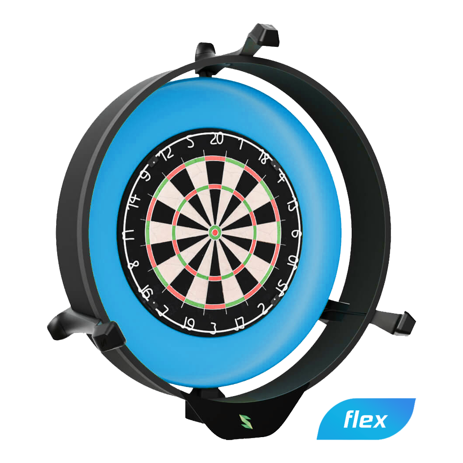 Das Bild zeigt das Produkt „Scolia Home 2 FLEX – Electronic Score System mit Beleuchtungsring“. Es ist ein elektronisches Punktesystem für Dartscheiben mit einem leuchtenden Ring zur besseren Sichtbarkeit.