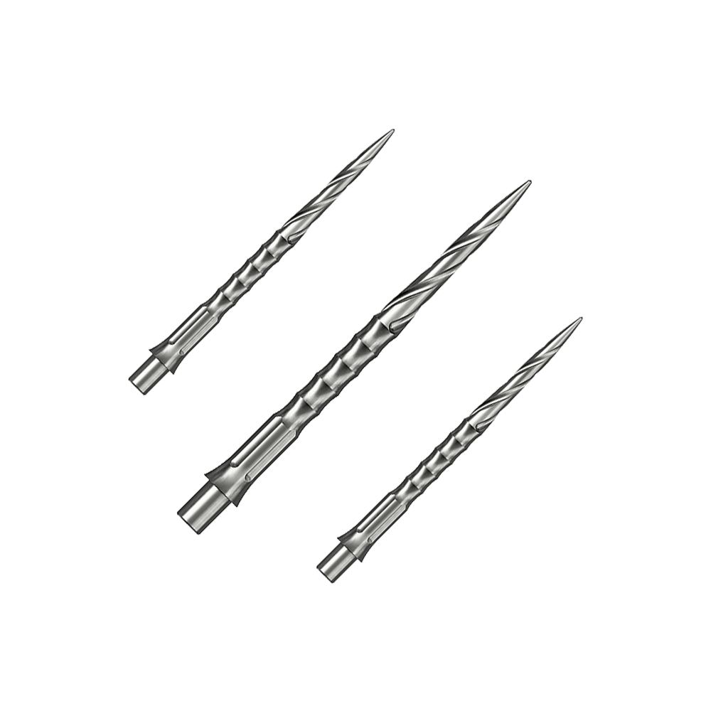Ocelové hroty na šipky Caliburn System - Spiro - NoLip - stříbrné Das Bild zeigt ein Set aus silbernen Steeldartspitzen. Diese Spitzen sind 32 mm lang und haben ein Spiro NoLip Design.