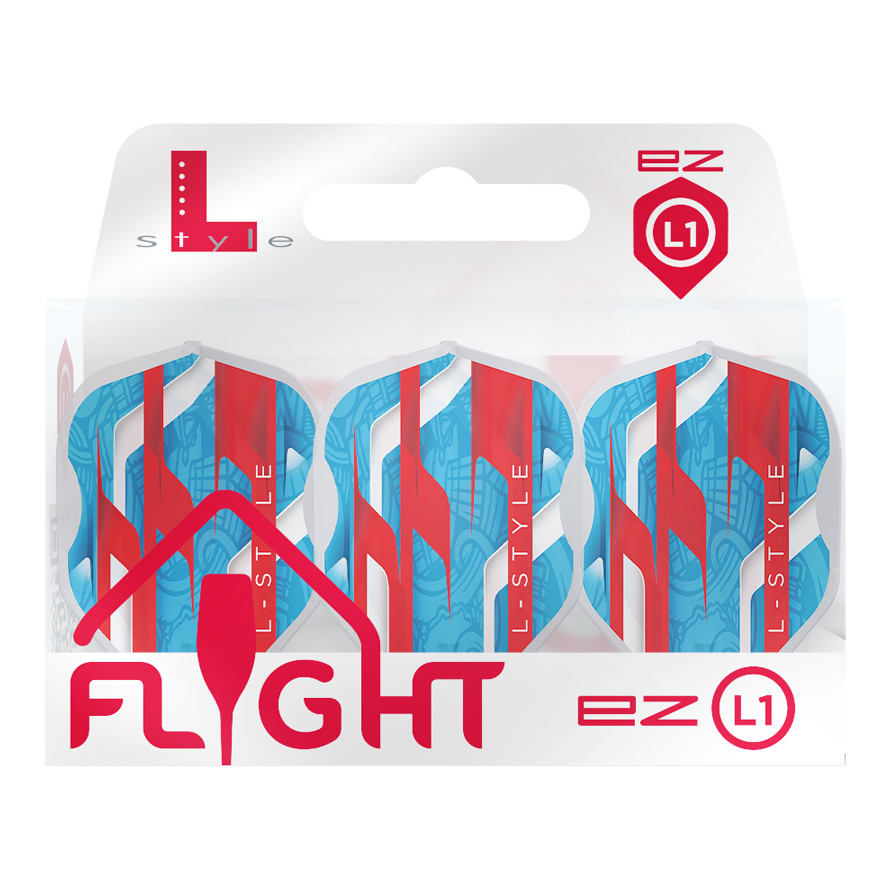 L-Style Mamo Series Clear White L1EZ Flights Auf dem Bild ist eine Verpackung mit drei blauen Dart-Flights mit roten und weißen Akzenten zu sehen. Die Marke "L-Style" und das Modell "EZ L1" sind auf der Verpackung deutlich erkennbar.