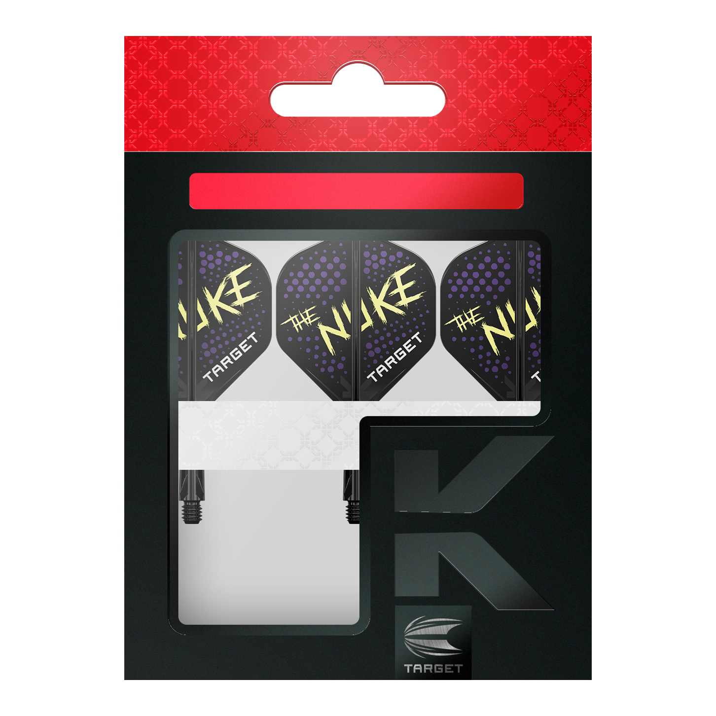 Standardní letový systém Target K-Flex Luke Littler Black No2 Auf dem Bild ist eine Packung mit Dartflights der Marke Target zu sehen. Die Flights sind schwarz mit lilafarbenen Punkten und dem gelben Schriftzug "The Nuke".