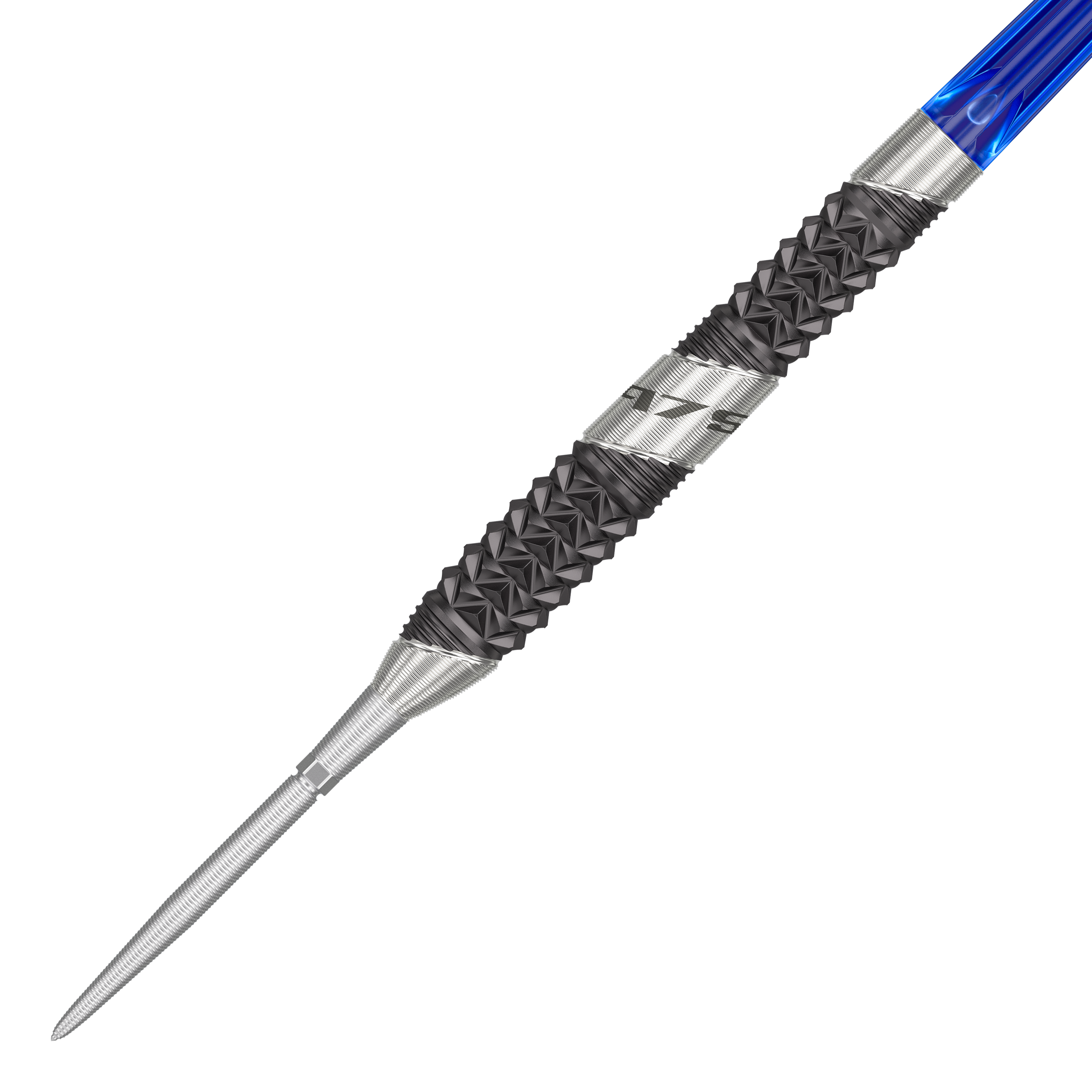 Šipky Target 975 Ultra Marine 02 Swiss Point ocelové Das Bild zeigt einen Target 975 Ultra Marine 02 Swiss Point Steeldart. Der Dart hat eine silberne Spitze, einen schwarzen, strukturierten Griffbereich und einen blauen Schaft.