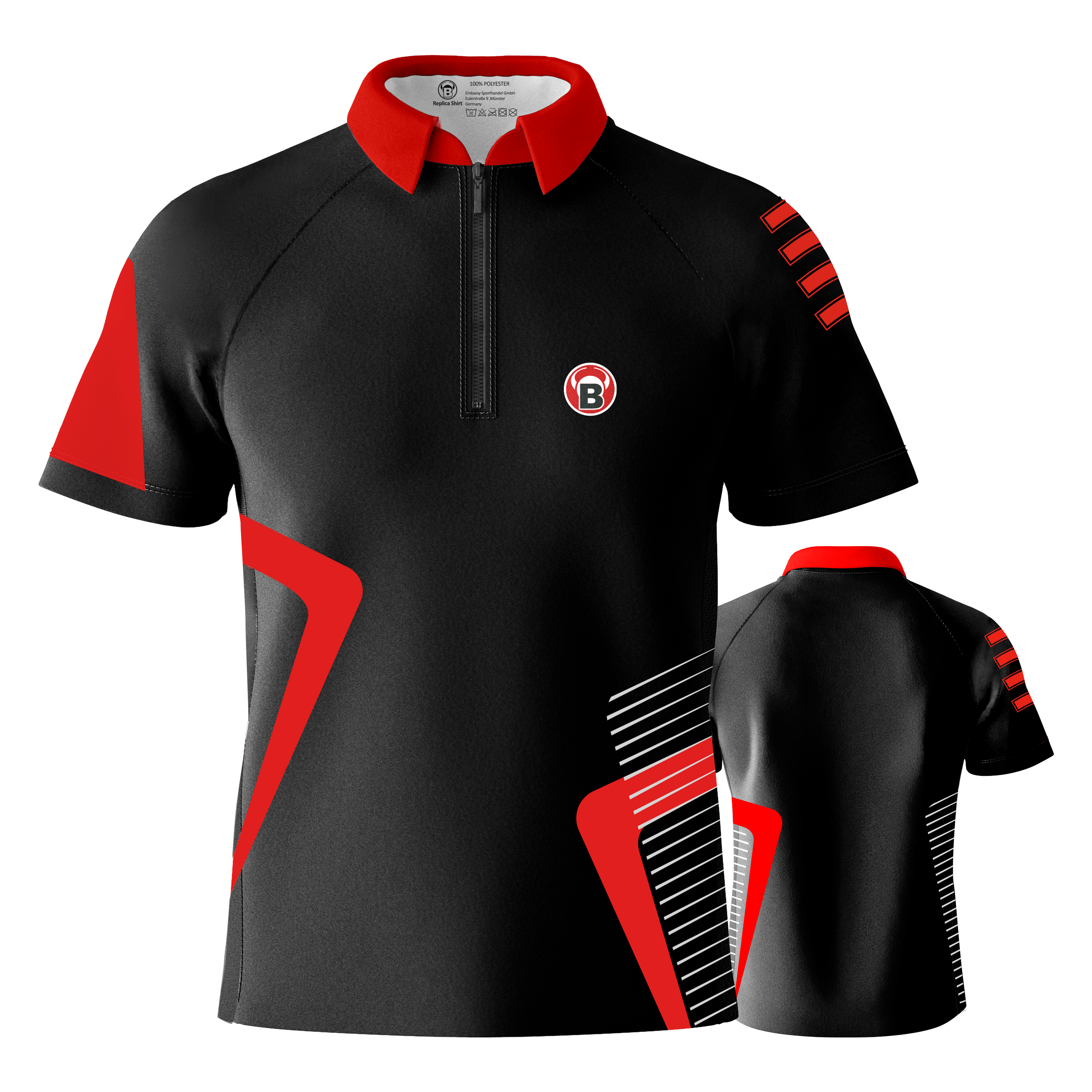 Košile Bulls Team Dart - červená Das Bild zeigt ein schwarzes Dartshirt mit roten und weißen Akzenten. Das Shirt hat einen roten Kragen und das Bulls-Logo auf der Vorderseite.