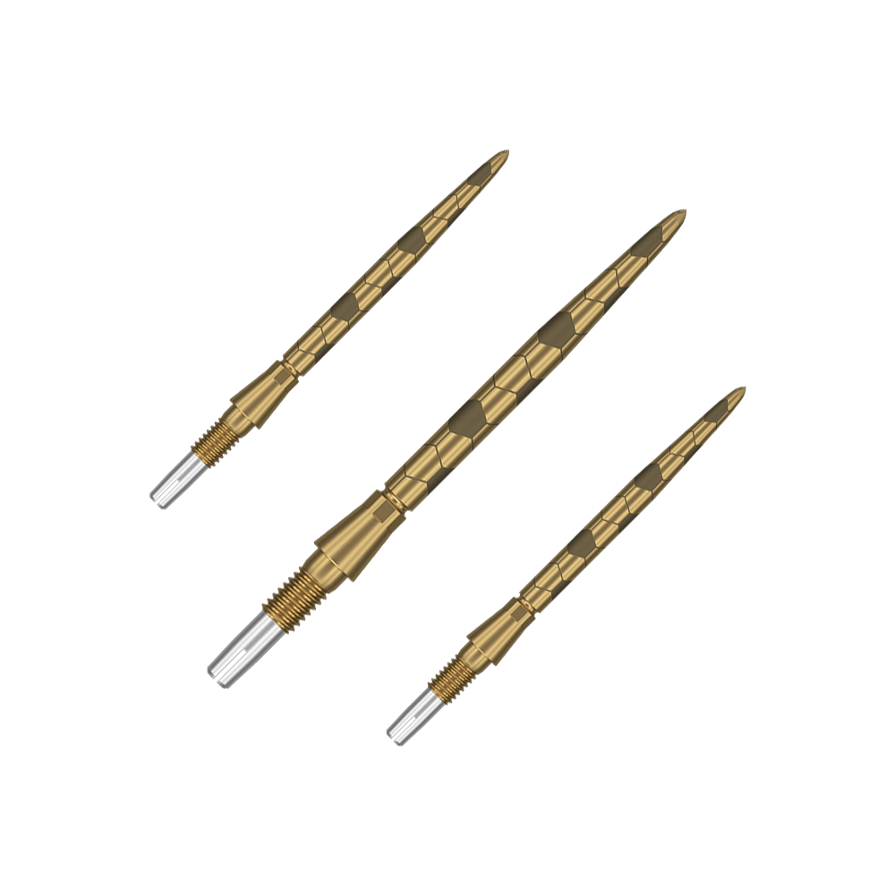 Špičky na šipky Target Swiss Storm Onyx Point - zlaté Das Bild zeigt drei goldfarbene Dartspitzen mit einem strukturierten Muster. Am unteren Ende haben sie ein silbernes Schraubgewinde zur Befestigung.