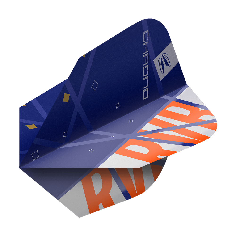 Standardní letky Target Pro Ultra Raymond Van Barneveld Chrono Ten-X - 3 sady Das Bild zeigt ein Dart-Flight aus der Serie "Target Pro Ultra Raymond Van Barneveld Chrono Ten-X Standard". Das Flight ist hauptsächlich blau mit orangefarbenen und weißen Akzenten sowie dem Schriftzug "RV" und "CHRONO".