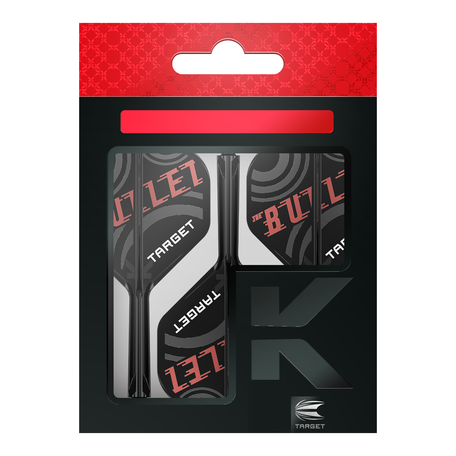 Target K-Flex Stephen Bunting No2 Standard Flight-Shaft-System Die Abbildung zeigt eine Verpackung der "Target K-Flex Stephen Bunting No2 Standard Flights". Die Flights sind schwarz, weiß und rot gestaltet und tragen die Aufschrift "THE BULLET" sowie "TARGET".