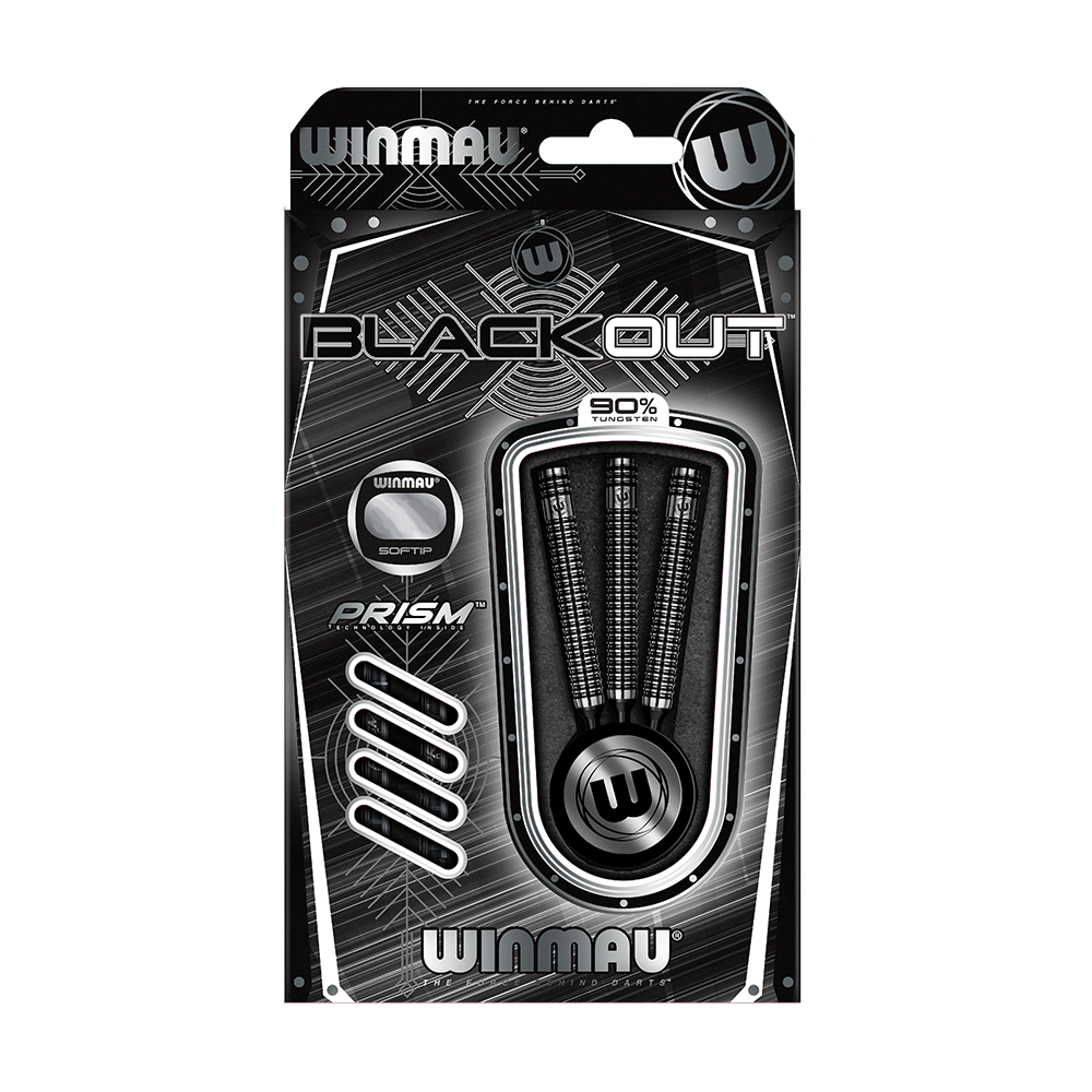 2061-20-Winmau-Blackout-Tungsten-Softdarts-3 Die Abbildung zeigt eine Packung "Winmau Blackout Tungsten Softdarts". In der Verpackung sind drei schwarze Softdarts mit 90% Tungsten-Anteil zu sehen.