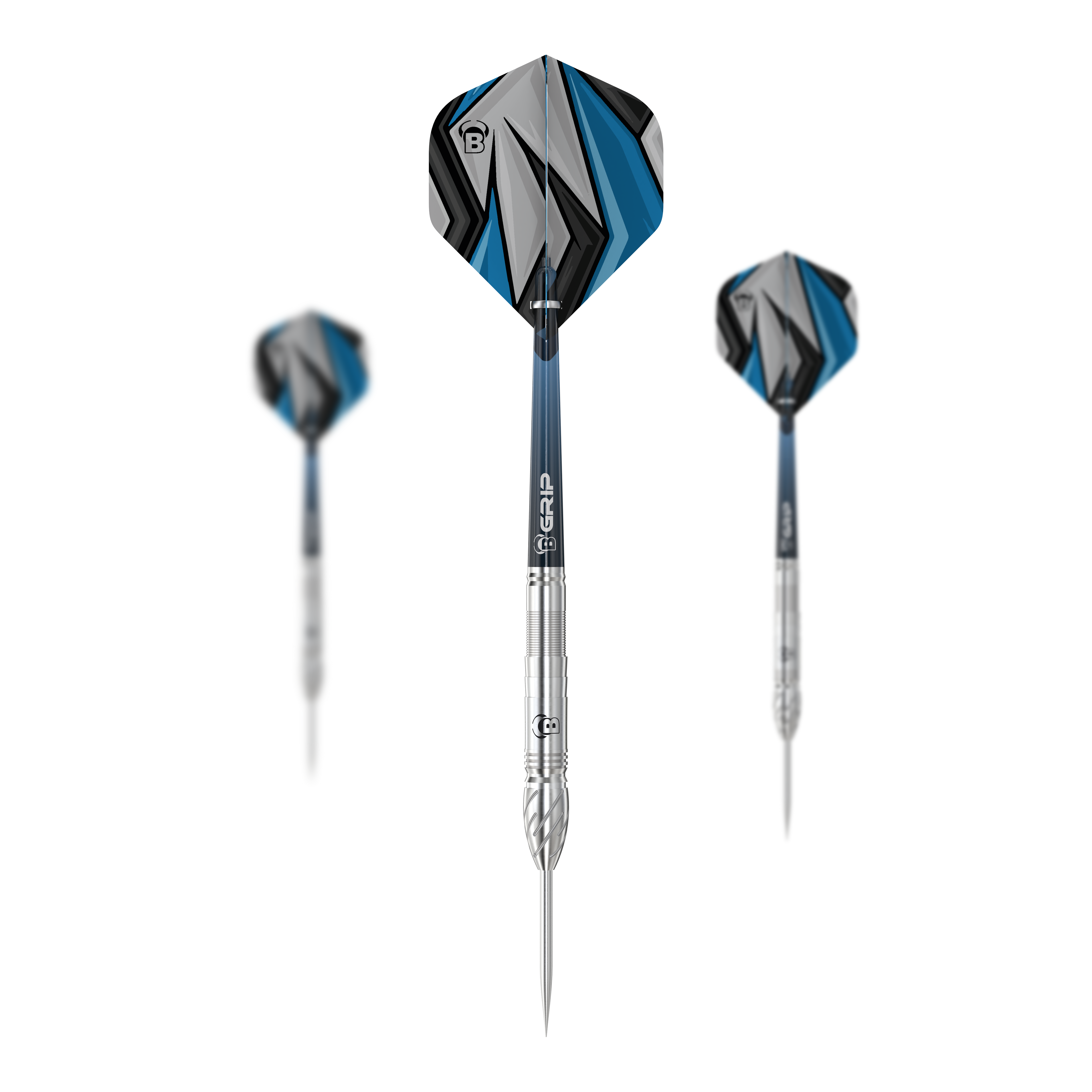 Bulls Stone S1 Steeldarts Das Bild zeigt drei Steeldarts des Modells "Bulls Stone S1". Die Darts haben silberne Spitzen und Schäfte mit blau-grau-schwarzen Flights.