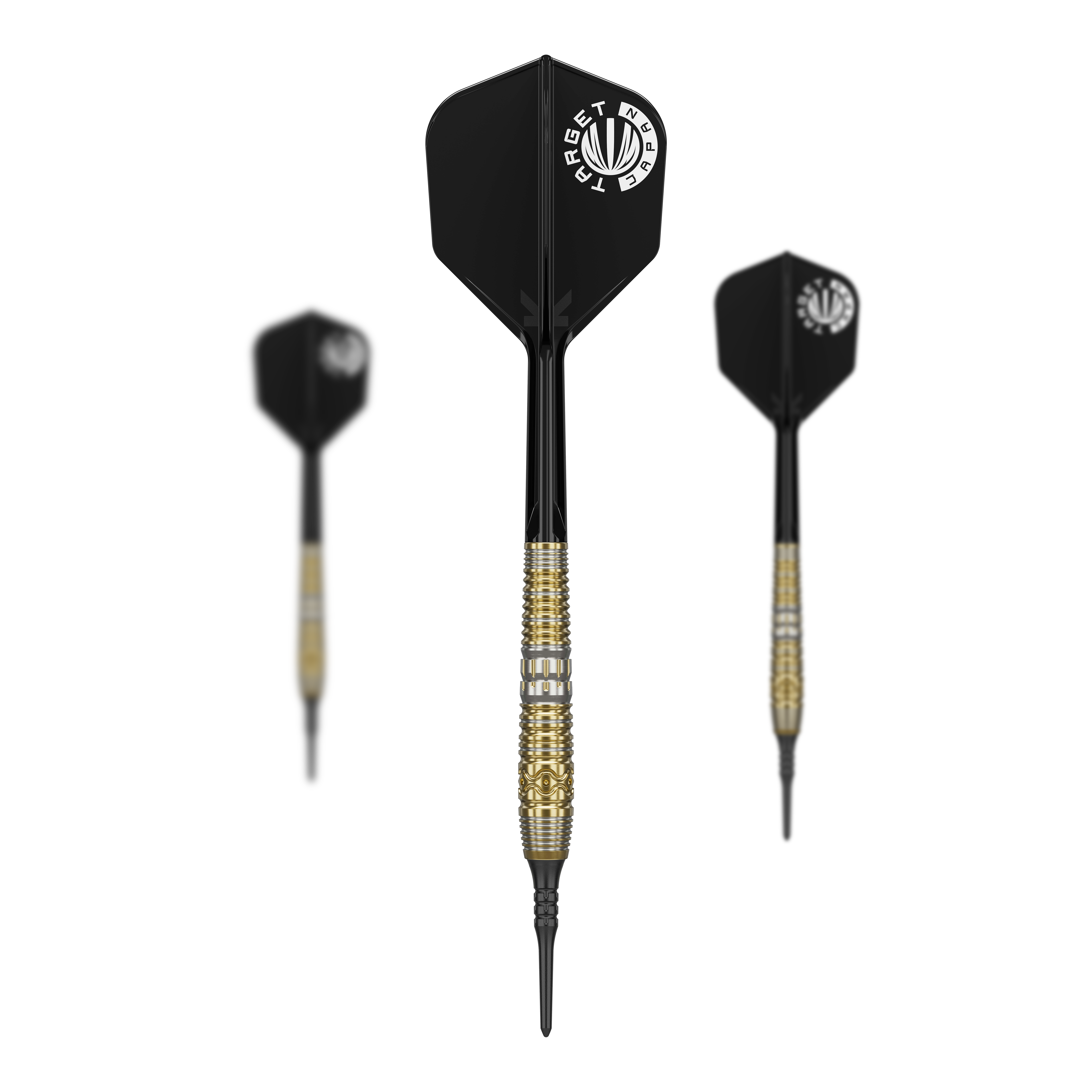 Měkké šipky Target Japan Hot Shot GEN2 - 19g Auf dem Bild sind drei Softdarts des Produkts "Target Japan Hot Shot GEN2 Softdarts - 19g" zu sehen. Die Darts haben schwarze Flights und goldene Griffe mit feinen Gravuren.
