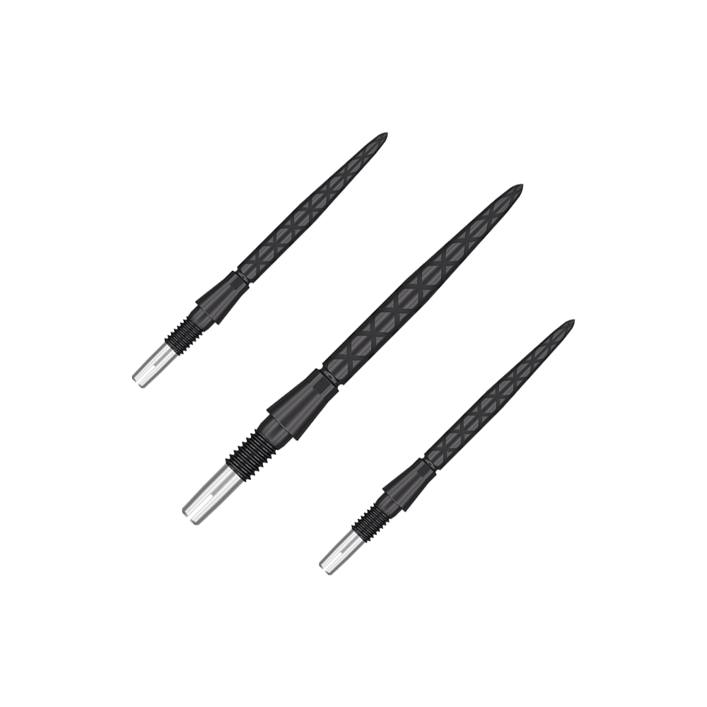 Špičky na šipky Target Swiss Storm Diamond Point - černé Das Bild zeigt drei schwarze Dartspitzen mit einem rautenförmigen Muster auf dem Griff. Sie sind schlank und haben einen silbernen Metallspitzenteil.