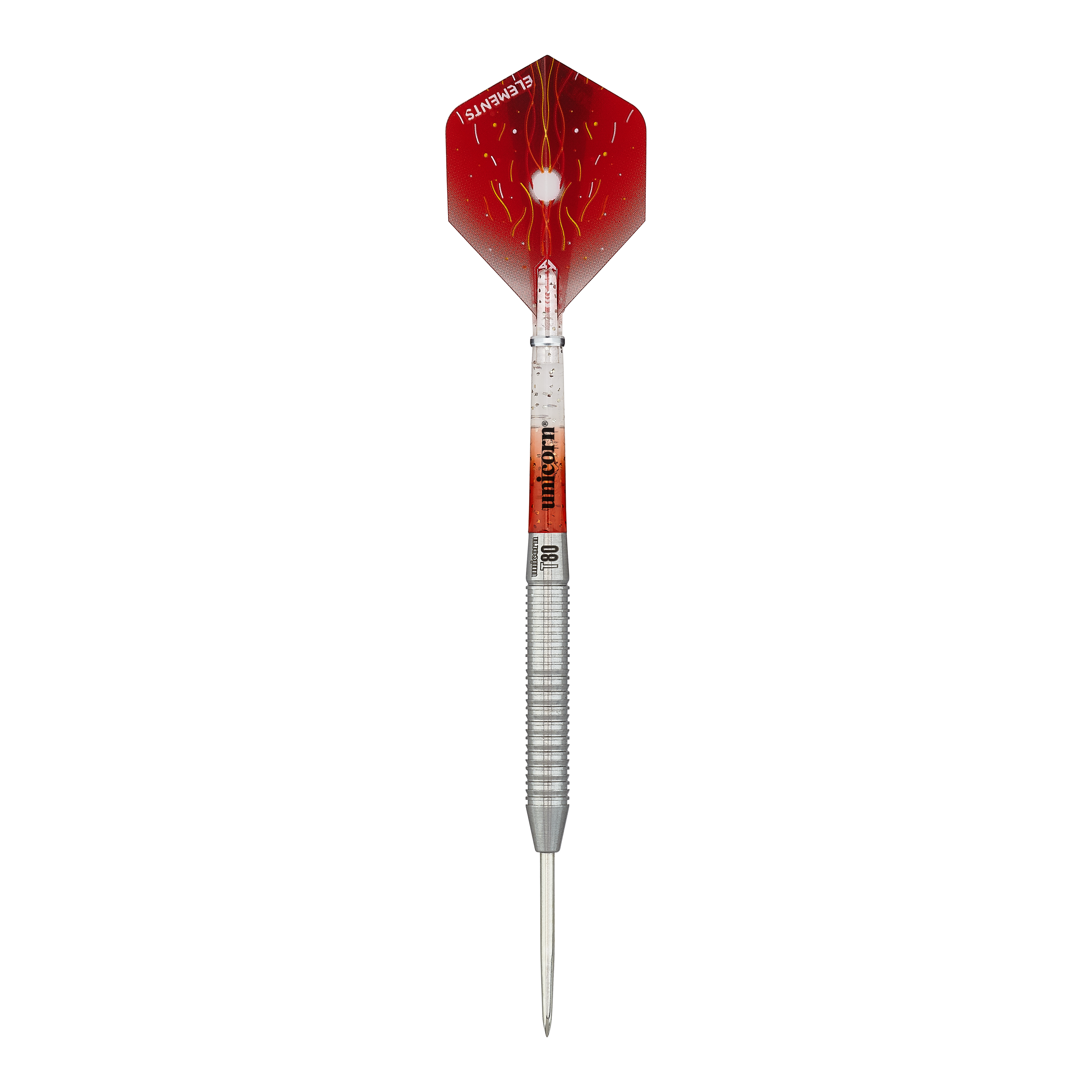 Steeldarts Unicorn Core XL Striker Style 1 - 22g Das Bild zeigt einen Unicorn Core XL Striker Style 1 Steeldart mit einem Gewicht von 22 Gramm. Der Dart hat eine silberne Spitze und einen roten Flight mit auffälligem Muster.