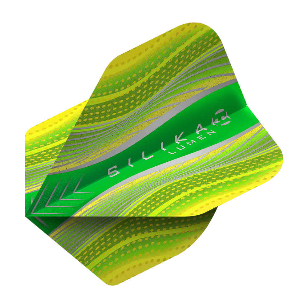 HR79_Harrows_Silika_Lumen_Yellow_No2_Standard_Flights_2 Harrows Silika Lumen Yellow No2 Standard Flights. Die Abbildung zeigt Dartflights mit gelblichen Verzierungen.