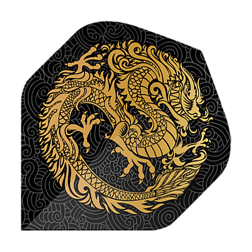 Pentathlonové lety Dragon black Das Bild zeigt die Pentathlon Dragon 2 Standard Flights. Auf schwarzem Hintergrund ist ein goldener Drache kunstvoll dargestellt.