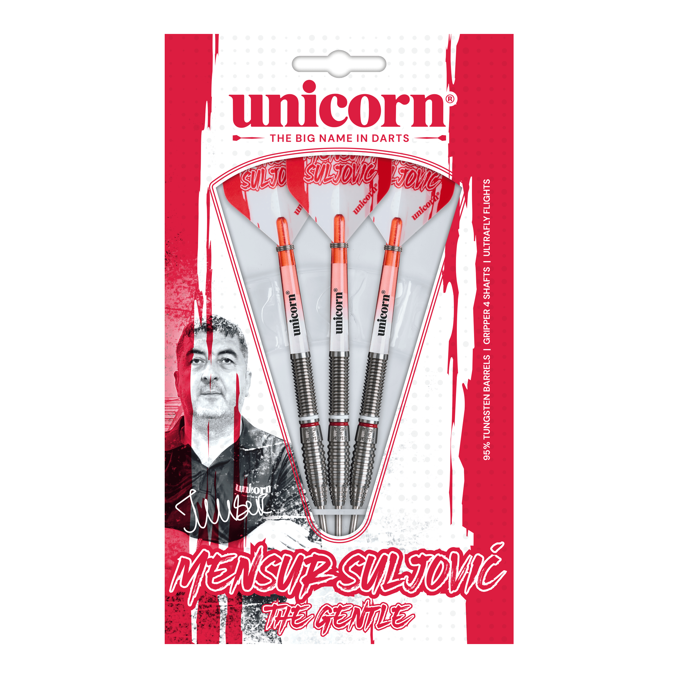 Jednorožčí šupina Suljovic The Gentle Steeldarts - 23g Abgebildet ist das Unicorn Mensur Suljovic The Gentle Steeldarts-Set mit 23g Gewicht. Diese Darts sind für alle gedacht, die Mensur Suljovic schätzen.