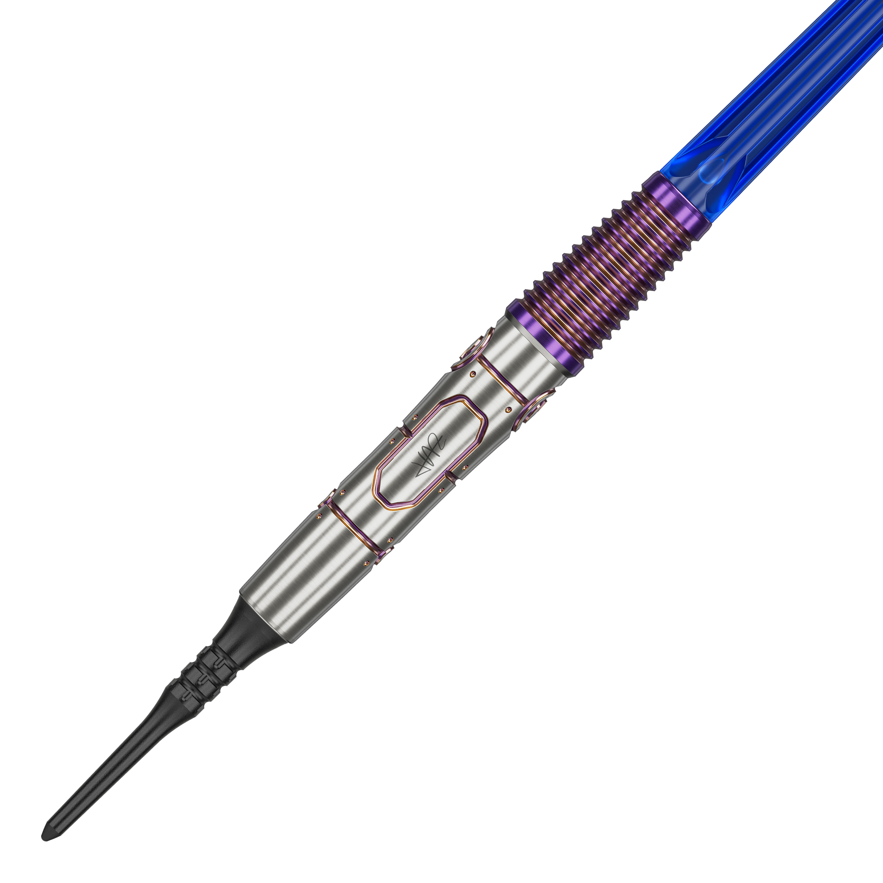 Měkké šipky Target Japan Haruki Muramatsu Rising Sun GEN9 2BA - 21,5g Das Bild zeigt den Target Japan Haruki Muramatsu Rising Sun GEN9 2BA Softdart mit einem Gewicht von 21,5g. Der Dart hat ein silbernes Barrel mit lilafarbenen und blauen Akzenten.