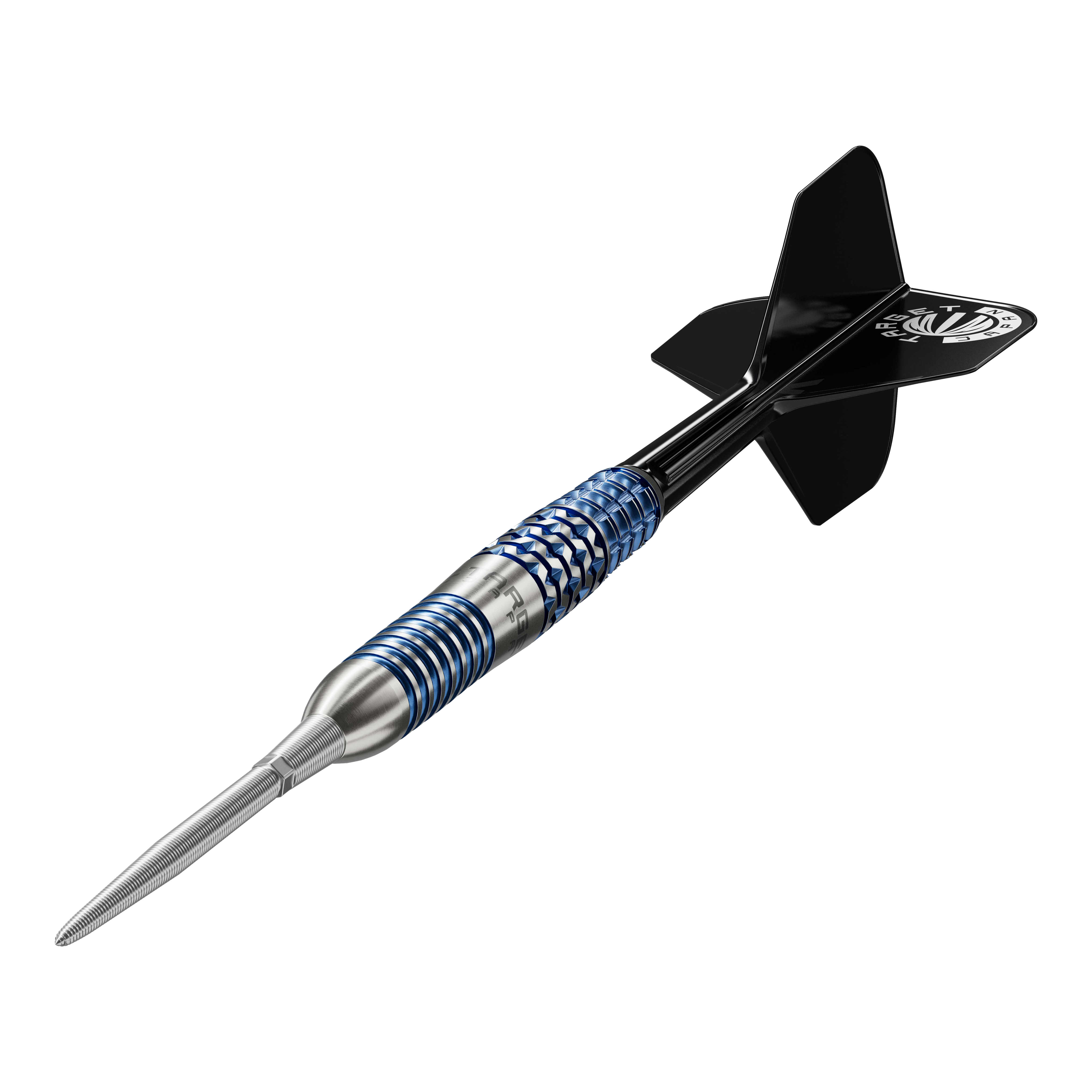 Das Bild zeigt einen Target Japan Toru Suzuki Sereno GEN2 Swiss Point Steeldart. Der Dartpfeil hat ein silbernes und blaues Griffstück sowie schwarze Flights.
