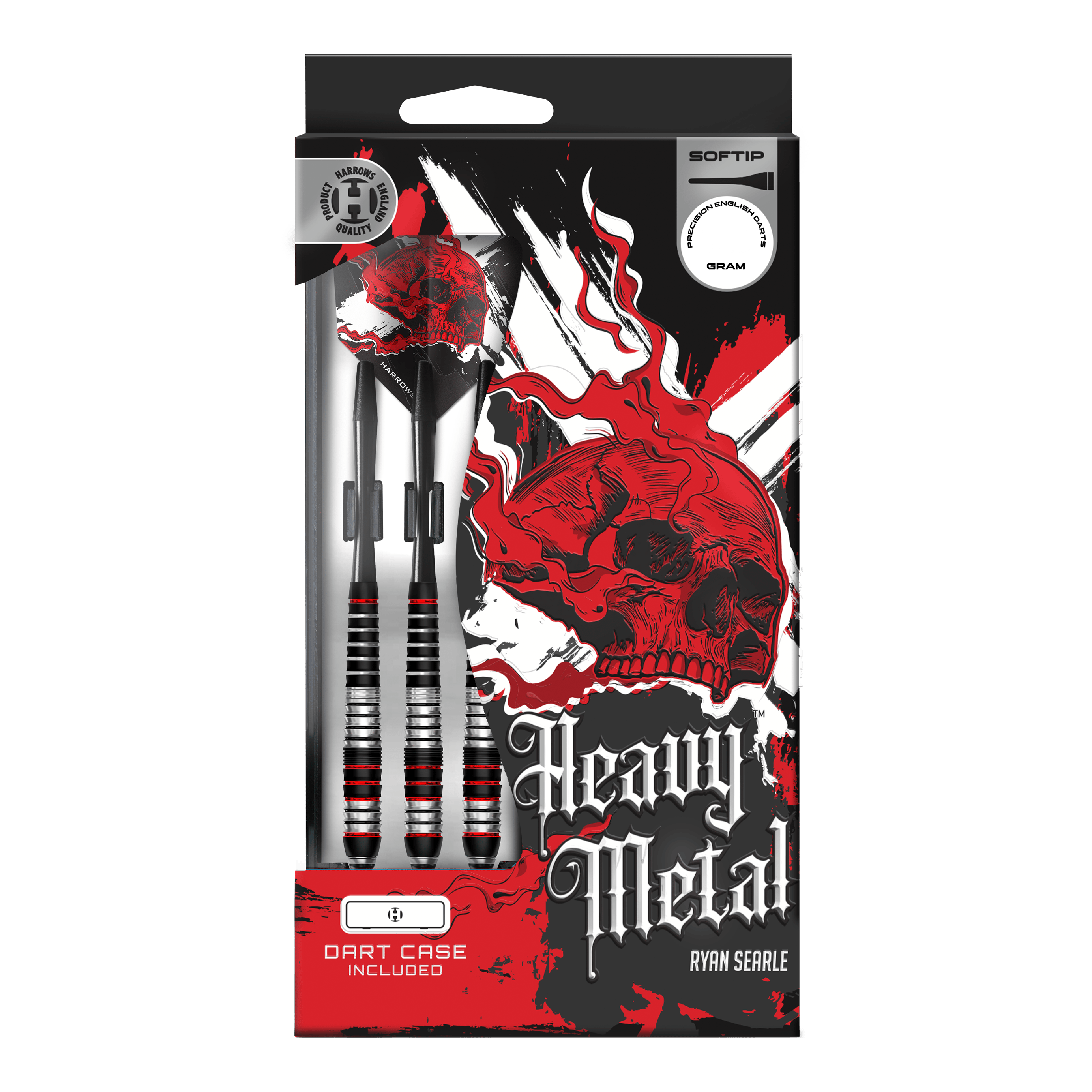 Šipky Harrows Heavy Metal Ryan Searle Brass Soft Das Bild zeigt Harrows Heavy Metal Ryan Searle Brass Softdarts. Die Darts werden aus Messing gefertigt und sind auf einer hellen Fläche angeordnet.